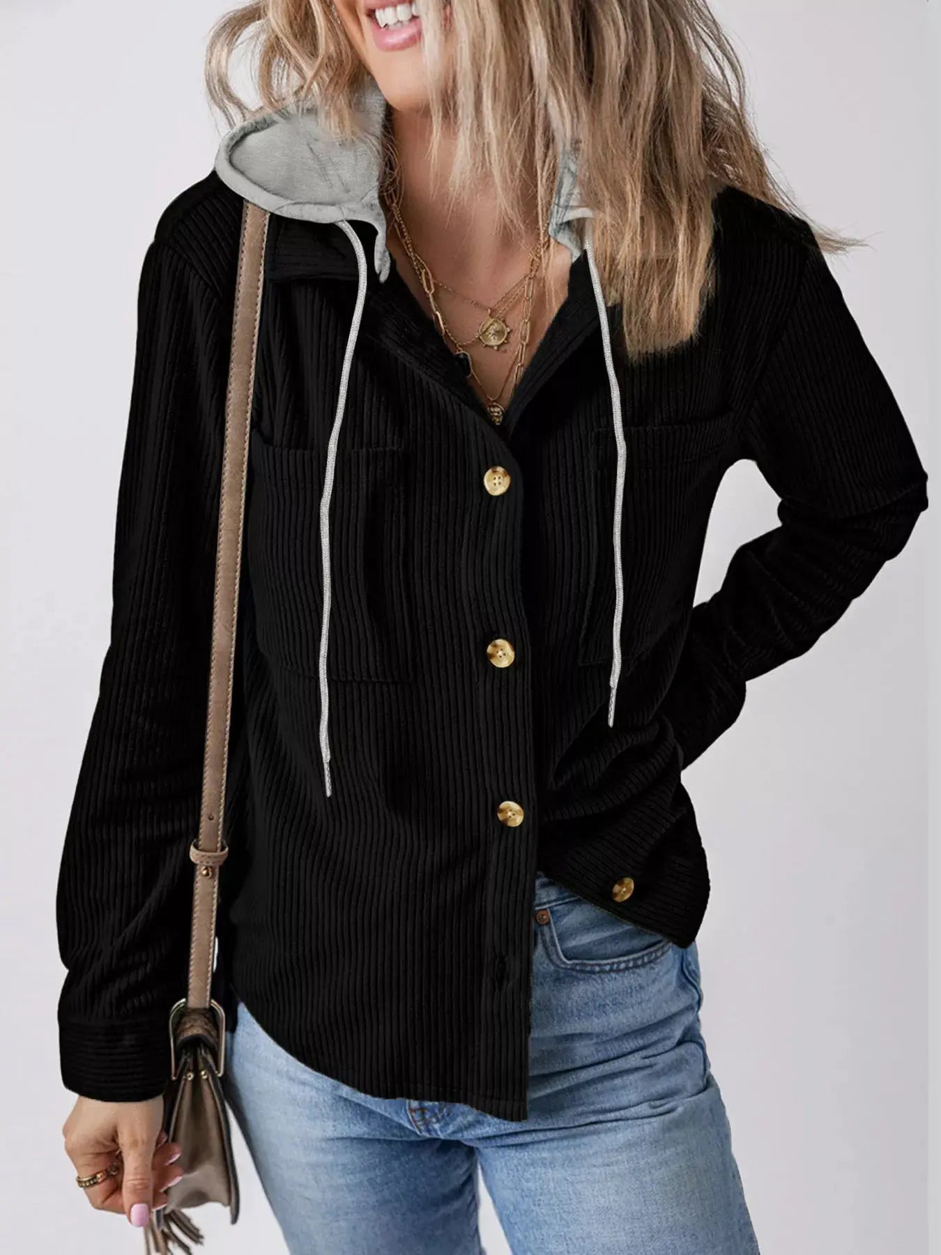 Casual Corduroy Button-Down Hooded Jacket Trendsi