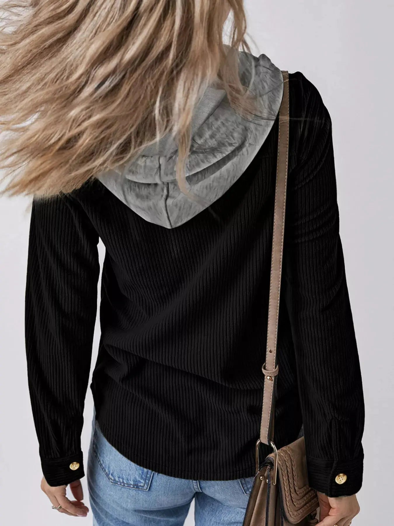 Casual Corduroy Button-Down Hooded Jacket Trendsi