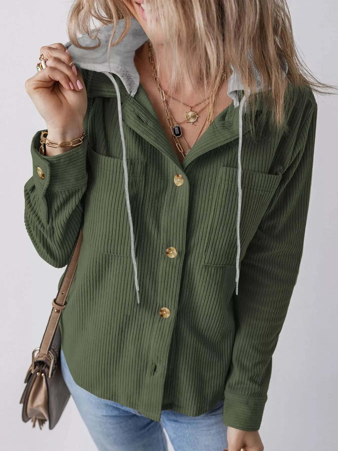 Casual Corduroy Button-Down Hooded Jacket Trendsi