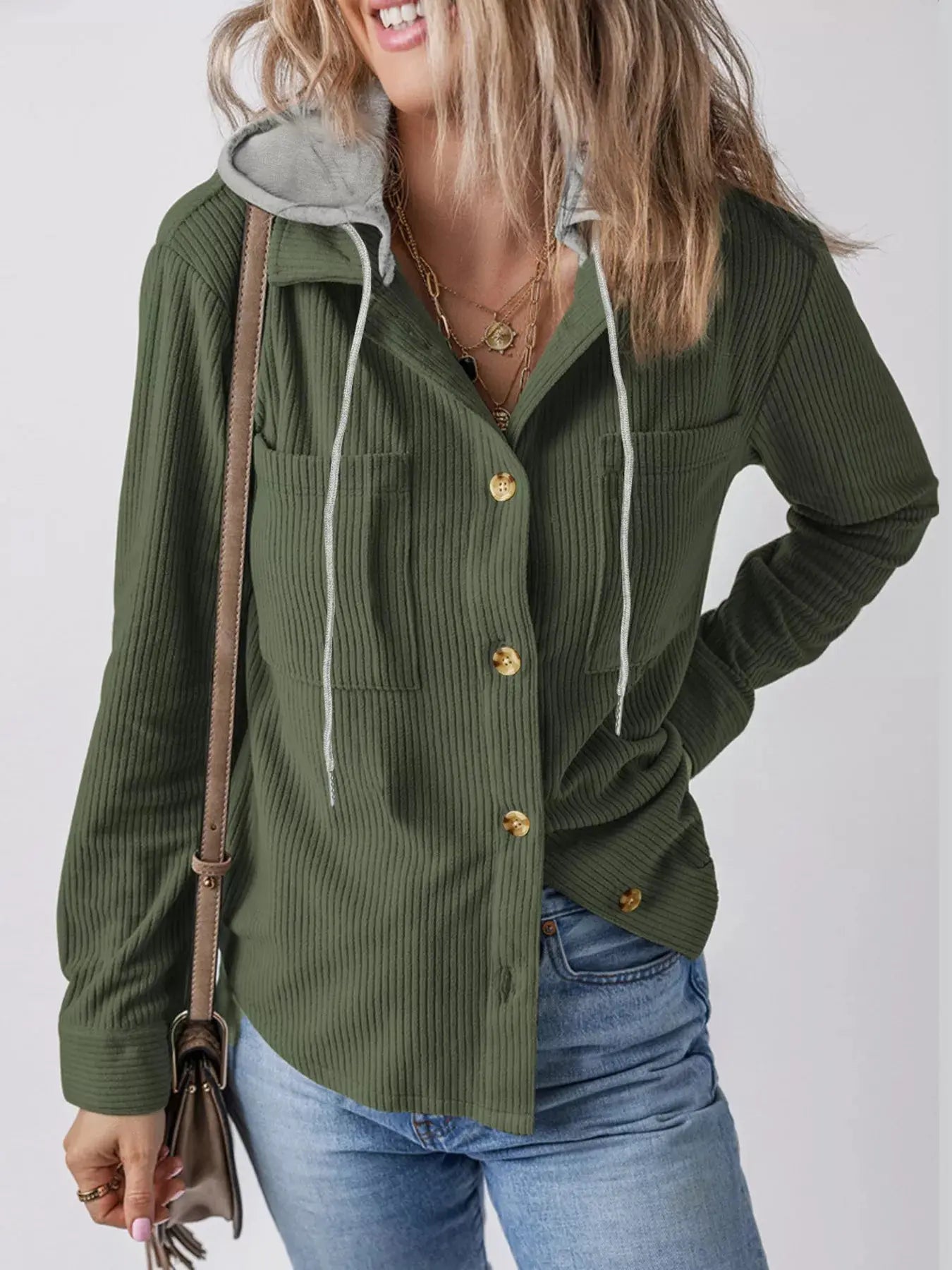 Casual Corduroy Button-Down Hooded Jacket Trendsi
