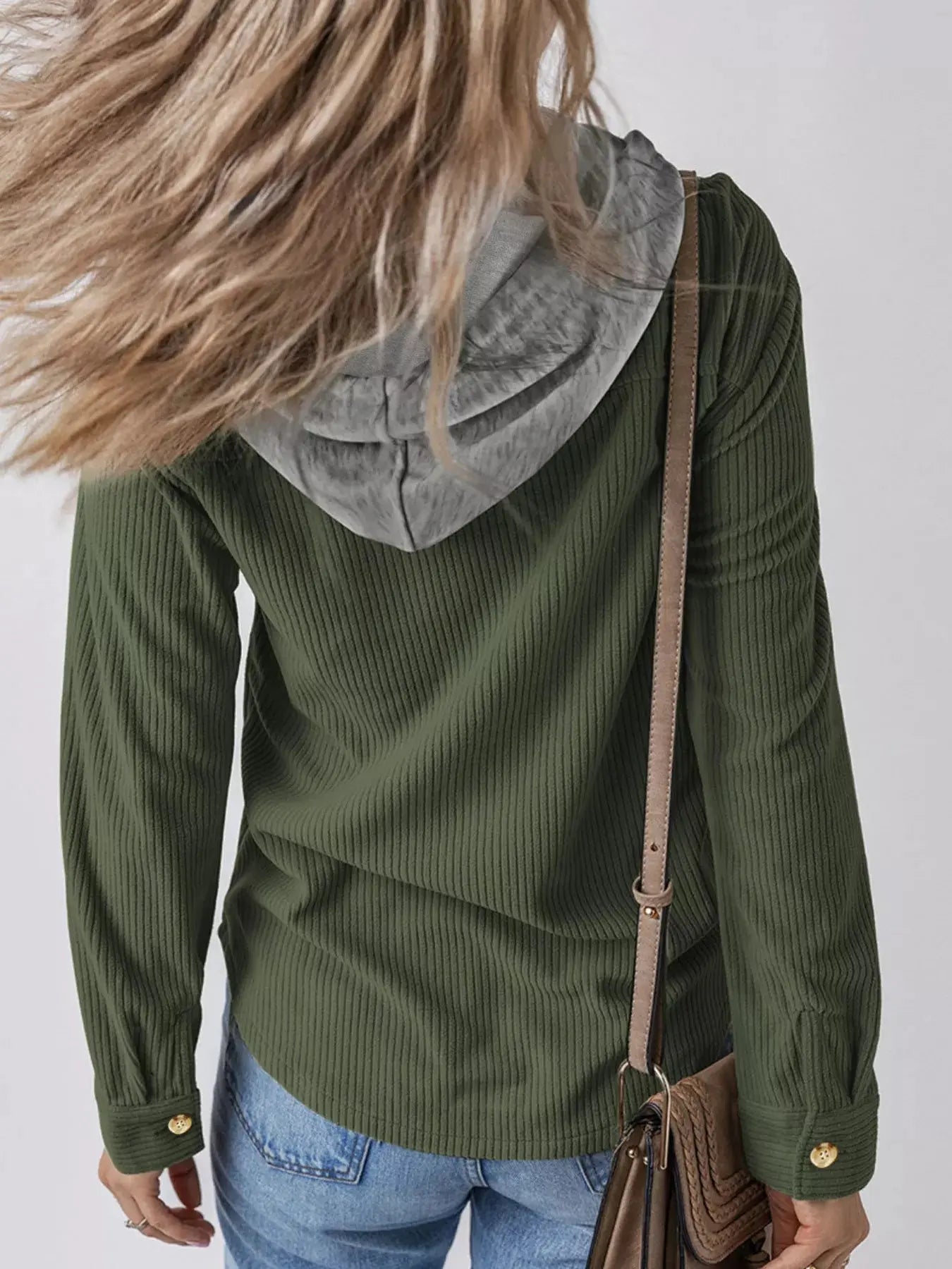 Casual Corduroy Button-Down Hooded Jacket Trendsi