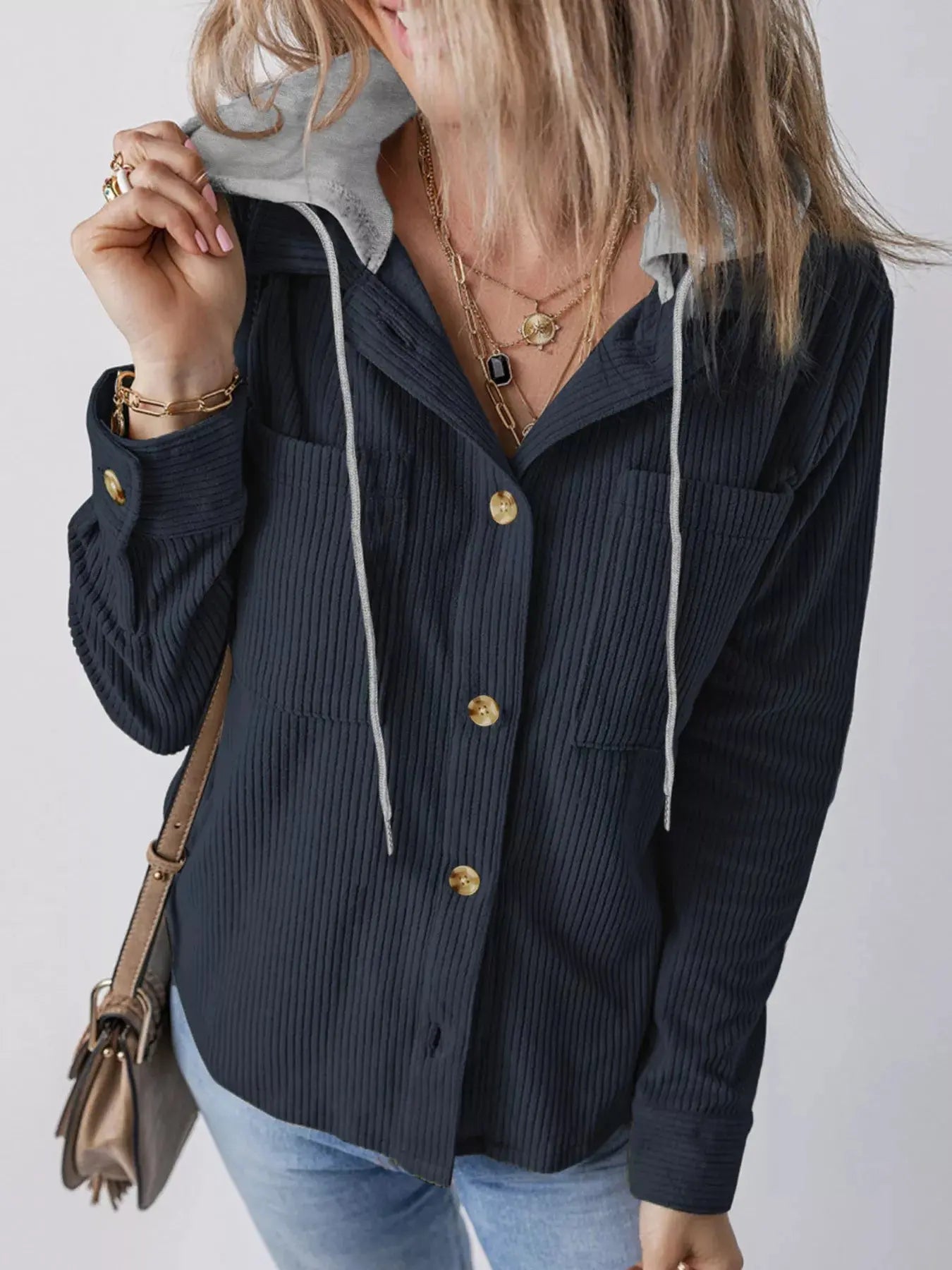Casual Corduroy Button-Down Hooded Jacket Trendsi