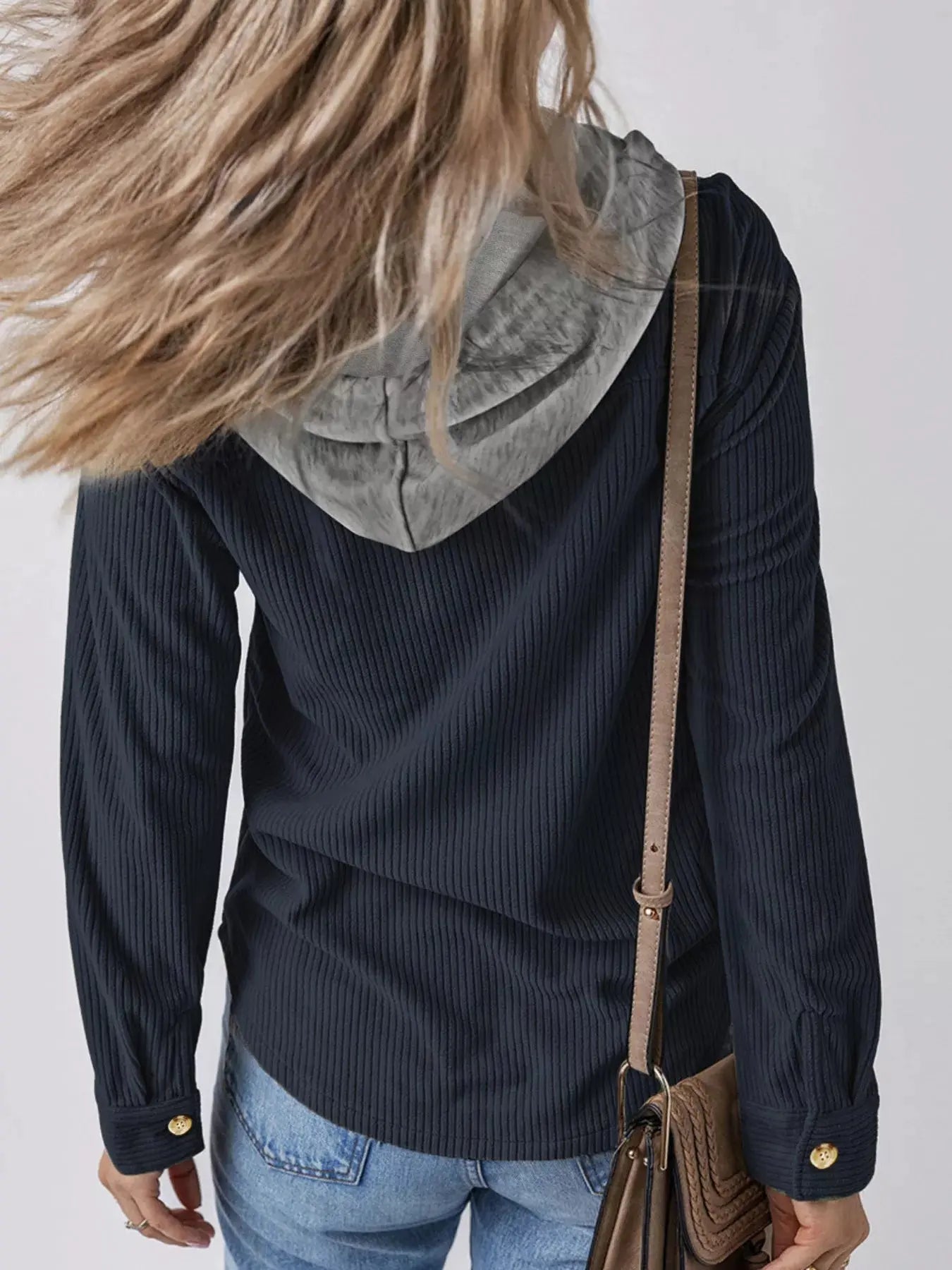 Casual Corduroy Button-Down Hooded Jacket Trendsi
