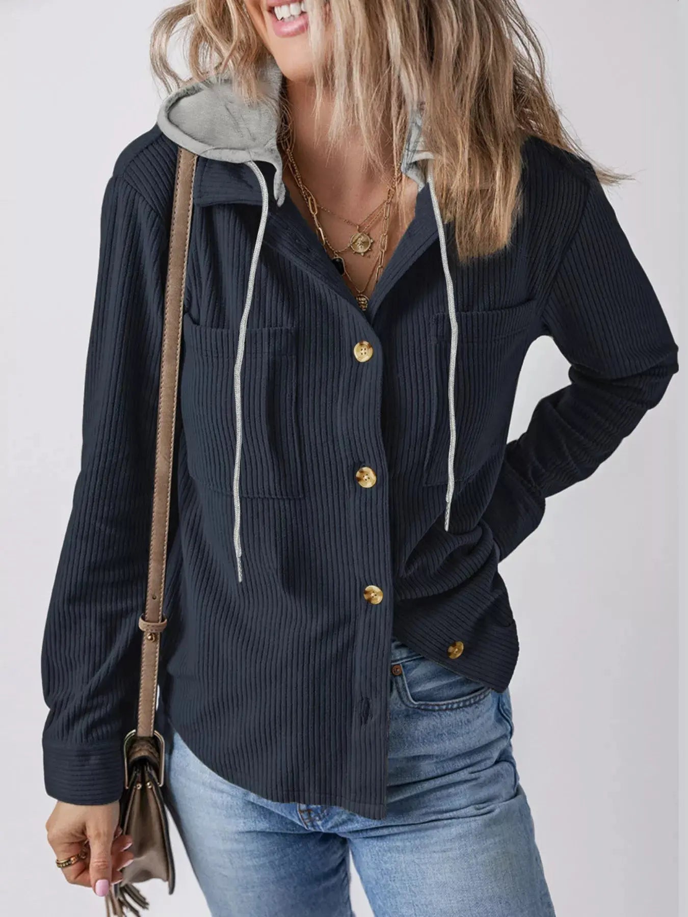 Casual Corduroy Button-Down Hooded Jacket Trendsi