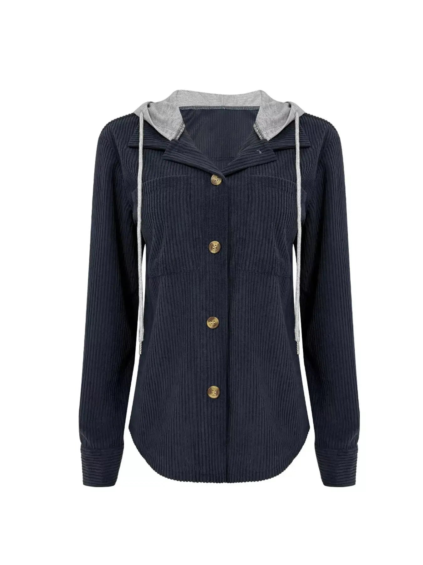 Casual Corduroy Button-Down Hooded Jacket Trendsi