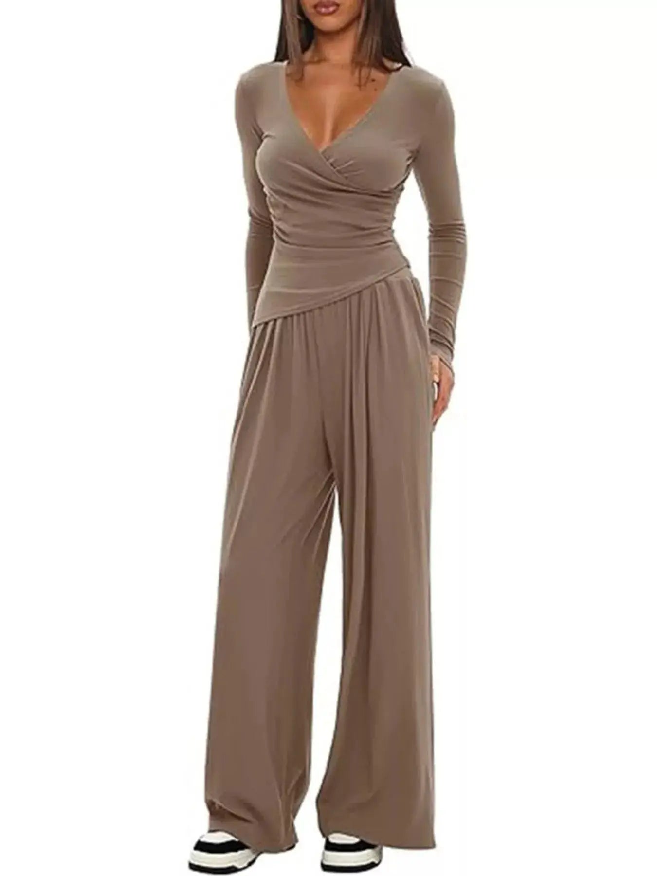 Casual Long Sleeve Top and Wide Leg Pants Set Trendsi