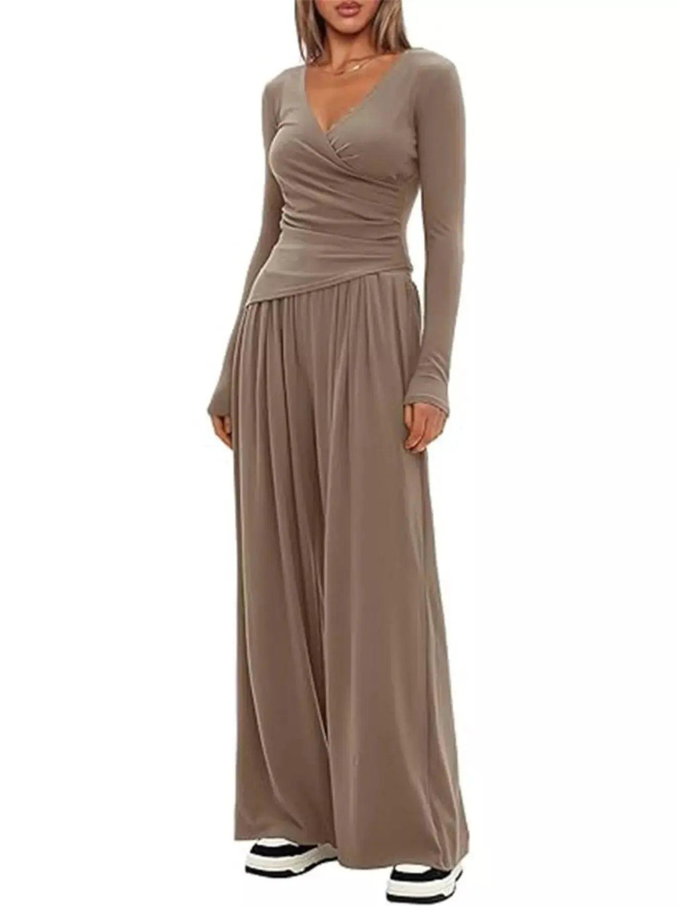 Casual Long Sleeve Top and Wide Leg Pants Set Trendsi