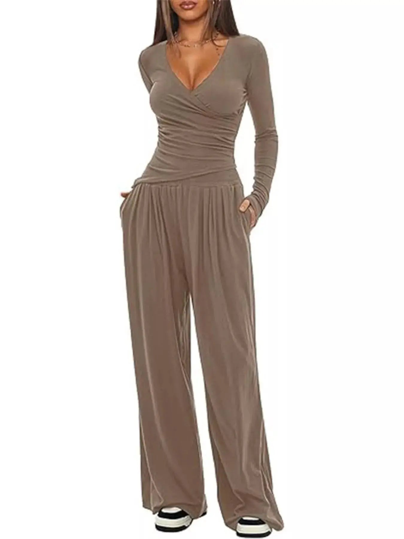 Casual Long Sleeve Top and Wide Leg Pants Set Trendsi