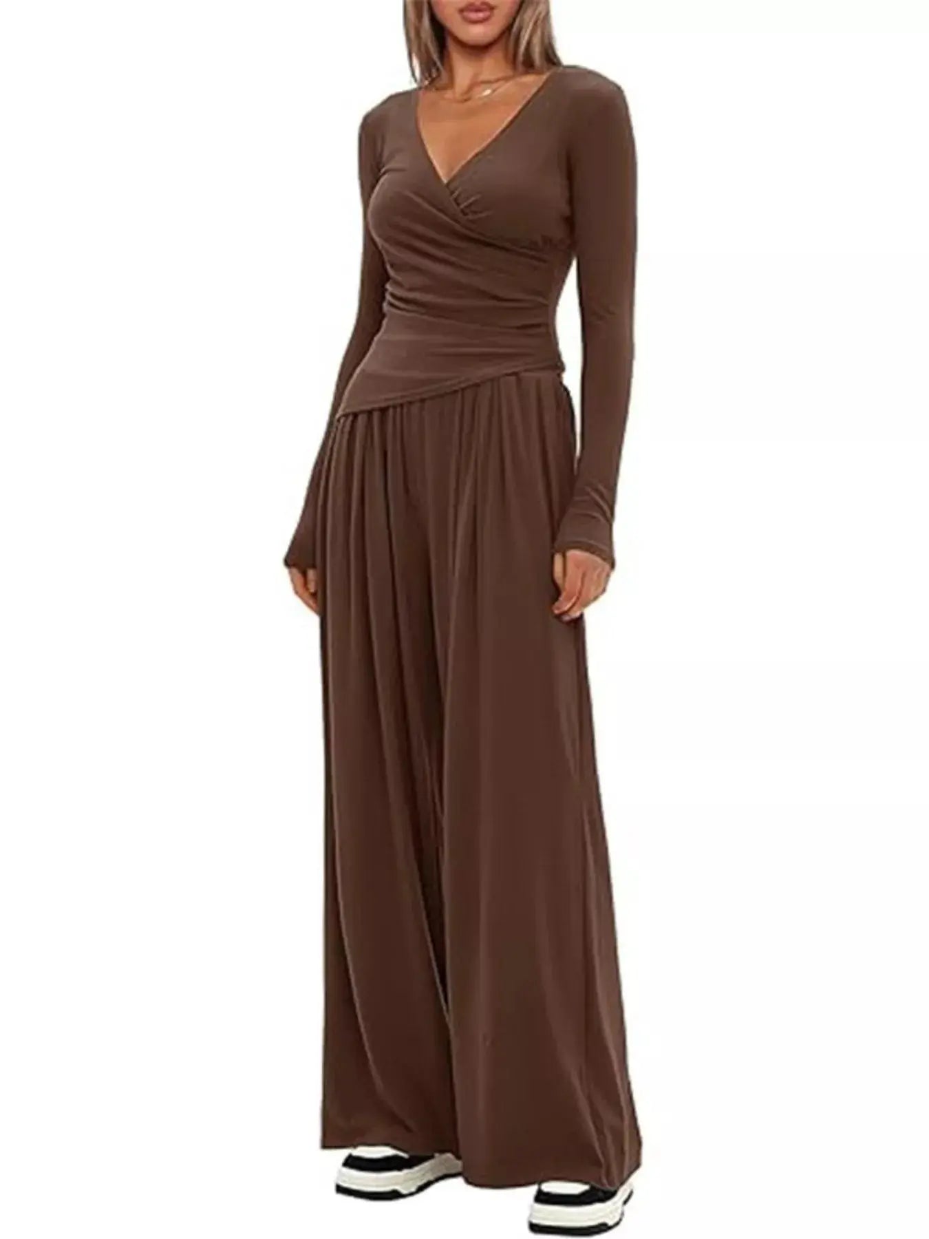 Casual Long Sleeve Top and Wide Leg Pants Set Trendsi