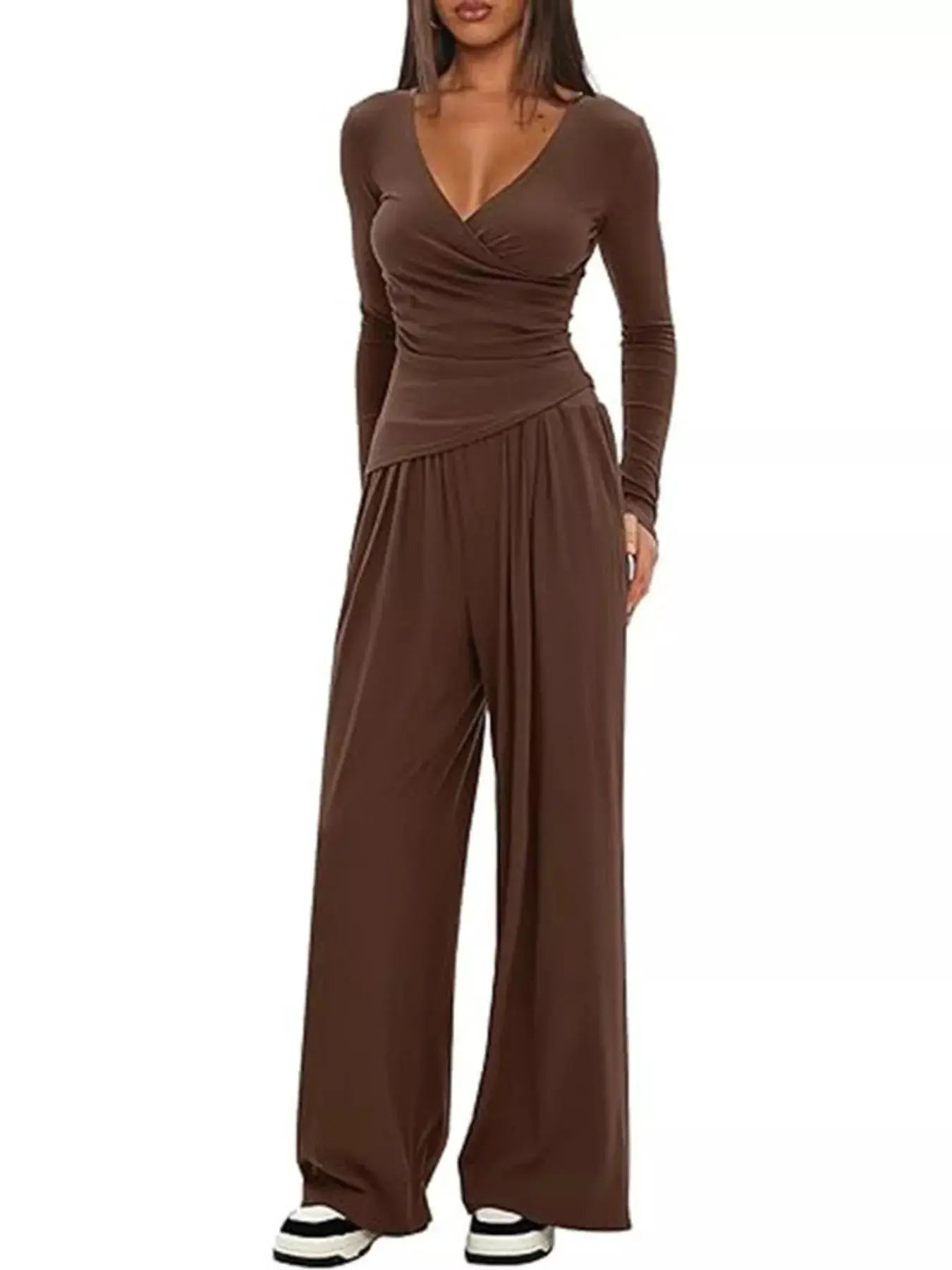 Casual Long Sleeve Top and Wide Leg Pants Set Trendsi