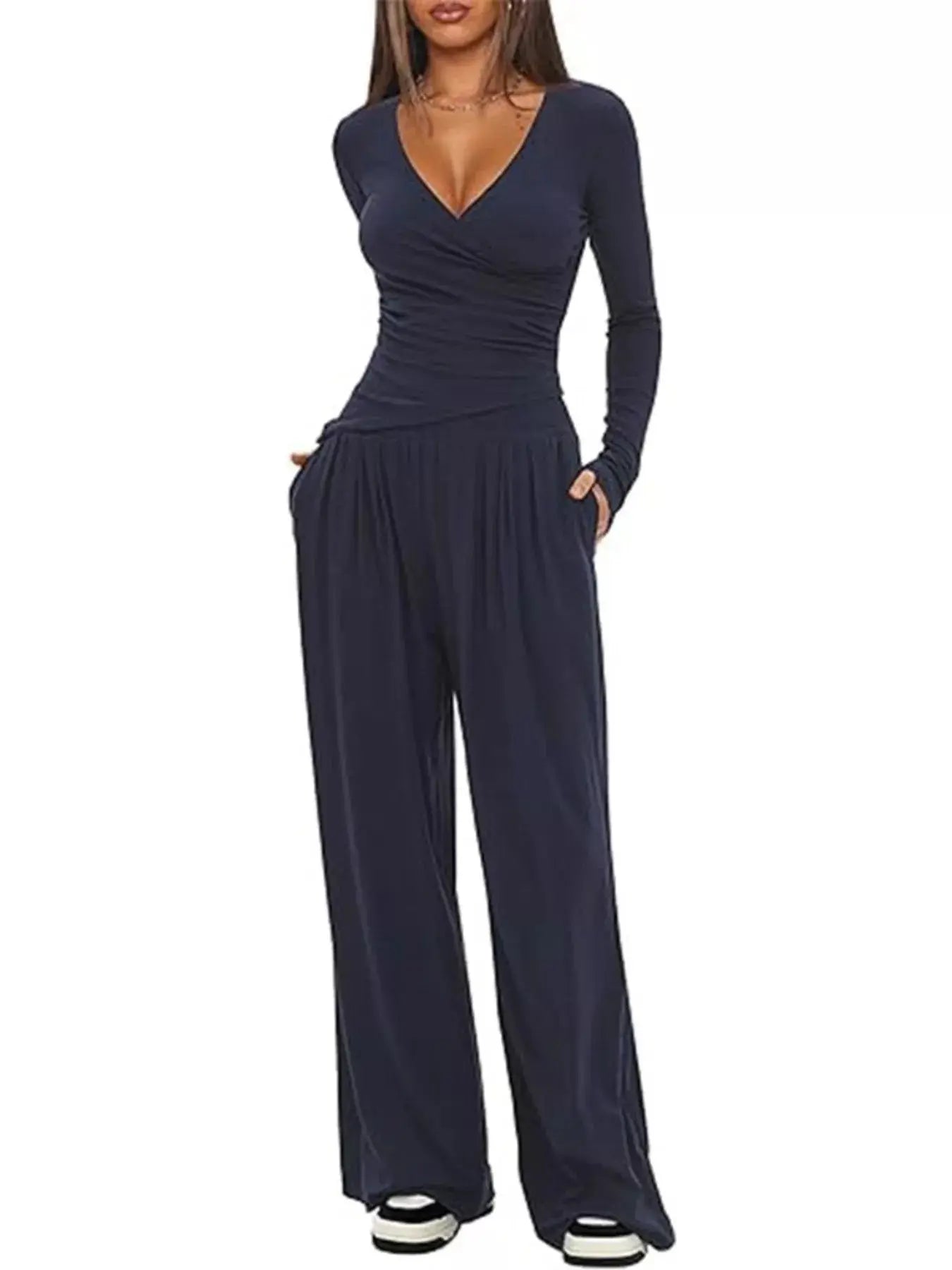 Casual Long Sleeve Top and Wide Leg Pants Set Trendsi