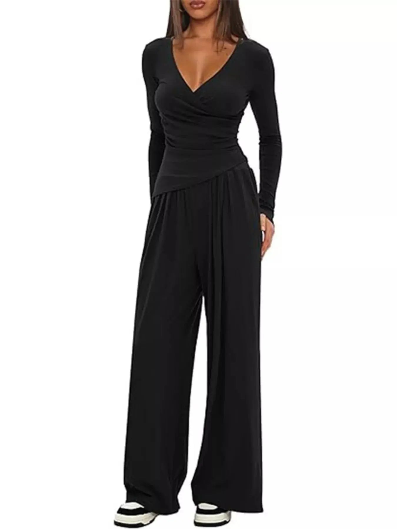 Casual Long Sleeve Top and Wide Leg Pants Set Trendsi