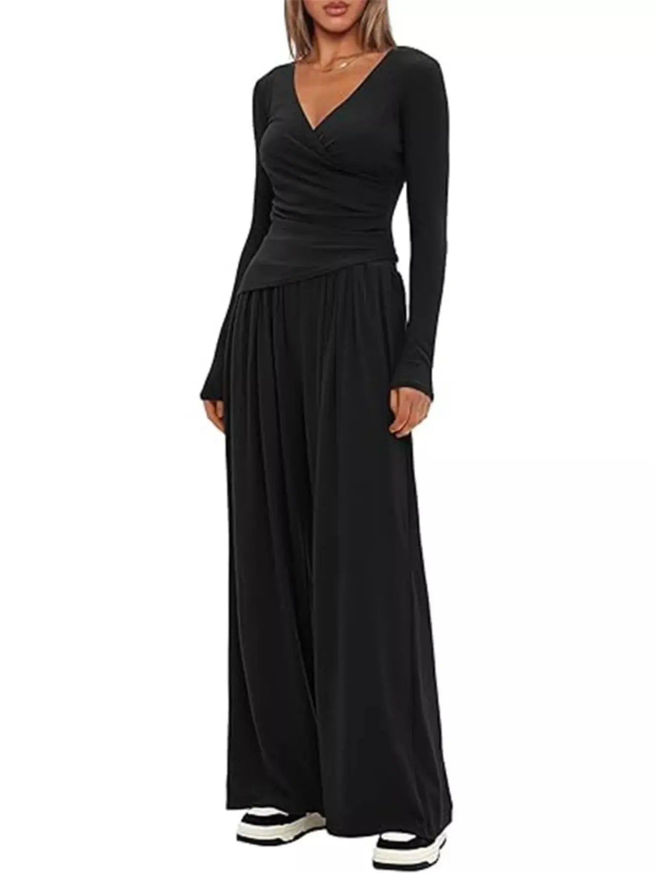 Casual Long Sleeve Top and Wide Leg Pants Set Trendsi