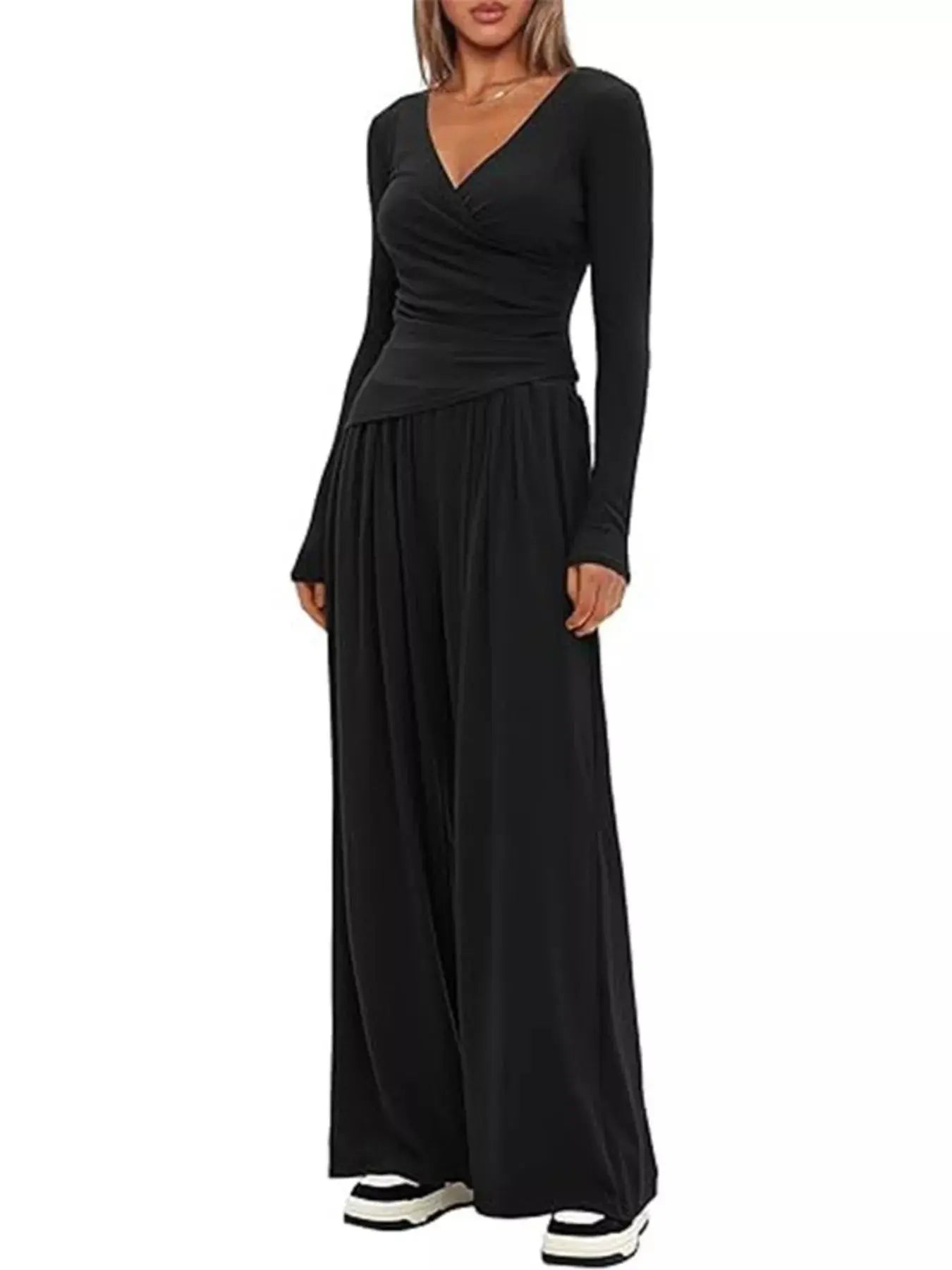 Casual Long Sleeve Top and Wide Leg Pants Set Trendsi