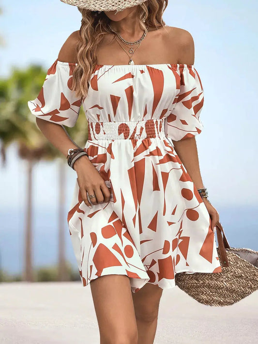Chic Printed Off Shoulder Mini Dress With Smocked Waist Trendsi