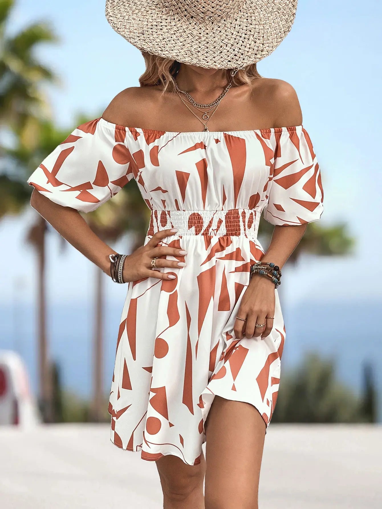 Chic Printed Off Shoulder Mini Dress With Smocked Waist Trendsi