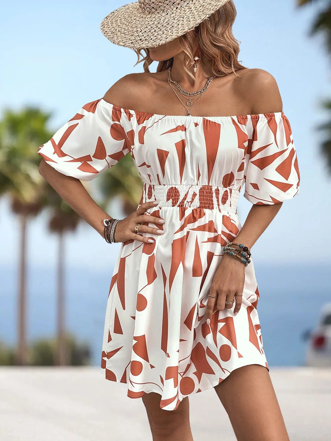 Chic Printed Off Shoulder Mini Dress With Smocked Waist Trendsi