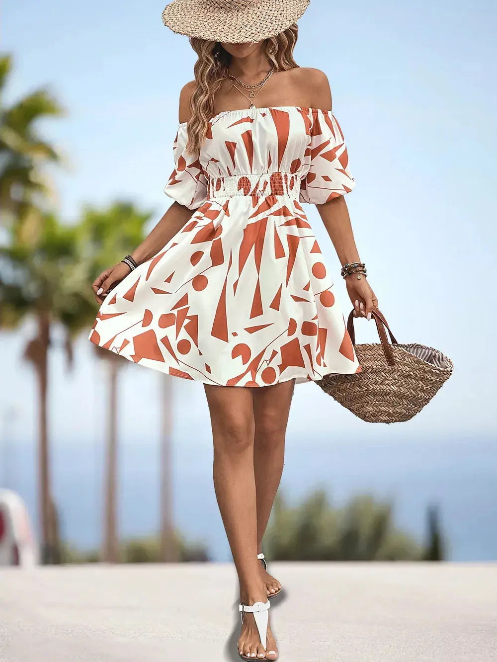 Chic Printed Off Shoulder Mini Dress With Smocked Waist Trendsi