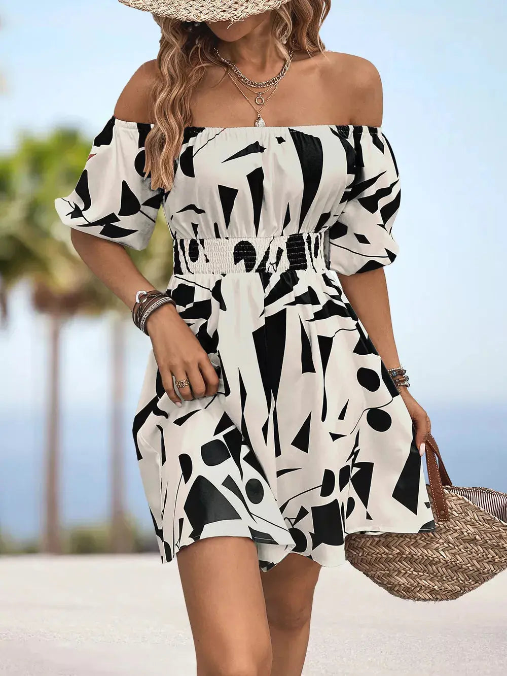 Chic Printed Off Shoulder Mini Dress With Smocked Waist Trendsi