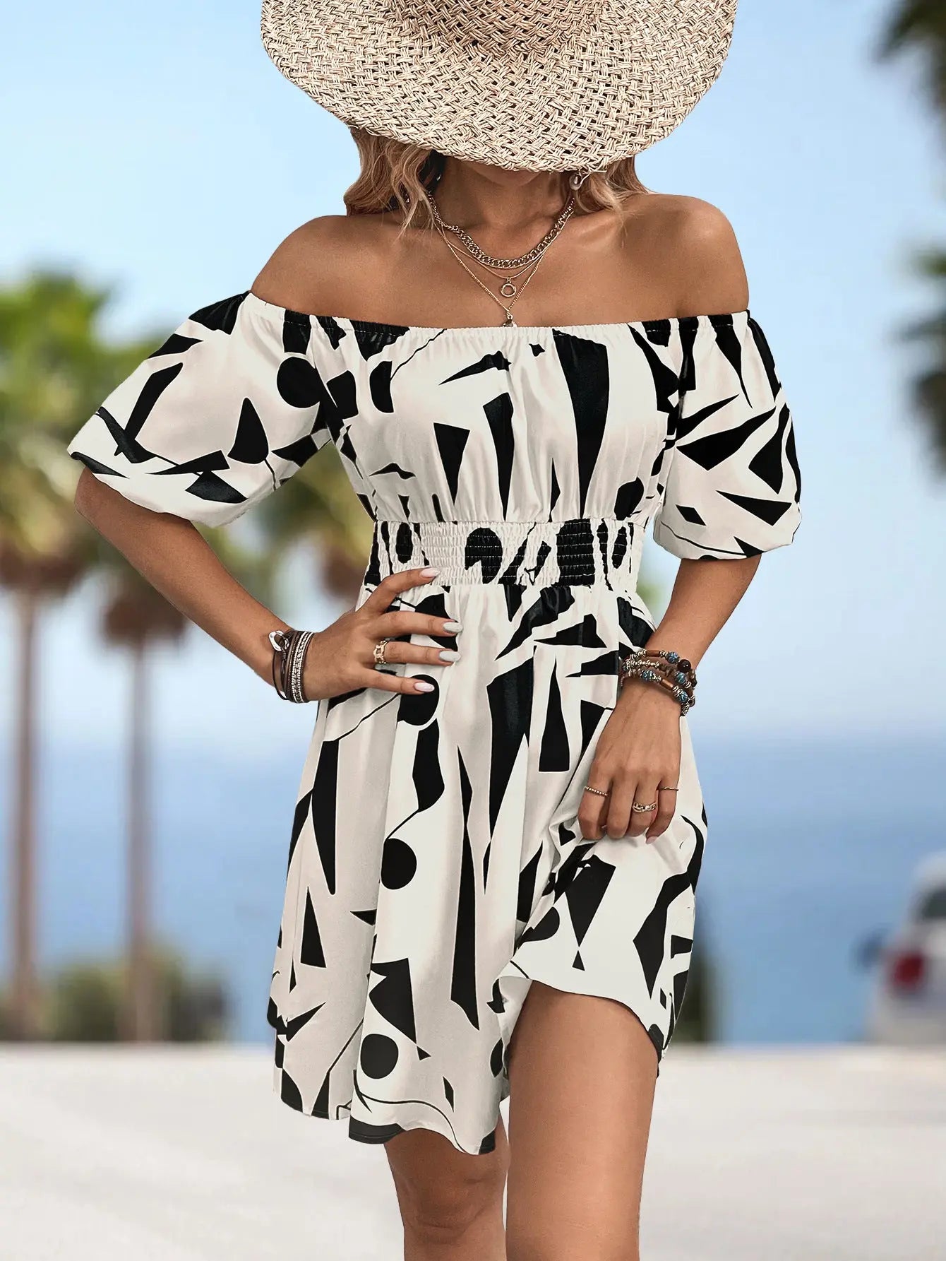 Chic Printed Off Shoulder Mini Dress With Smocked Waist Trendsi