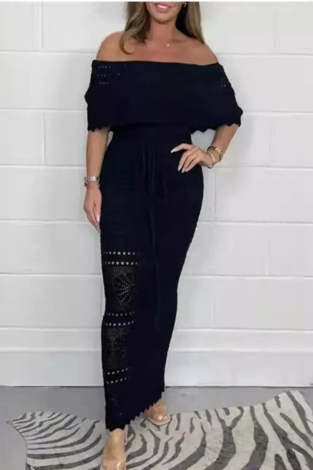Crochet Off Shoulder Maxi Dress With Cutout Tie Details Cotton Spandex Trendsi