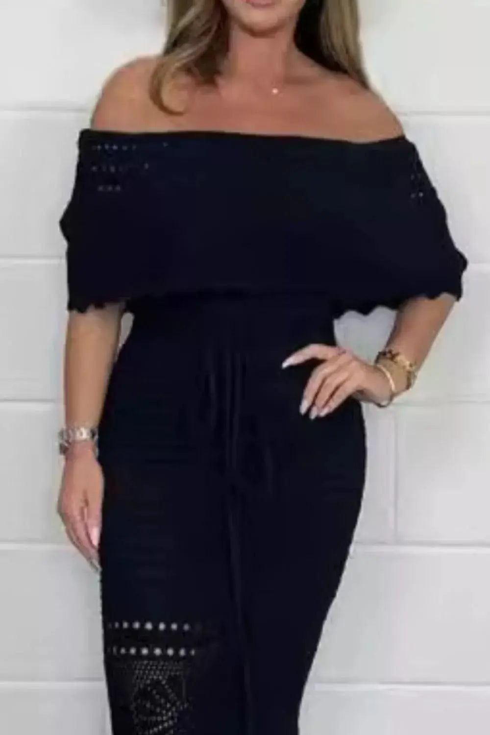 Crochet Off Shoulder Maxi Dress With Cutout Tie Details Cotton Spandex Trendsi