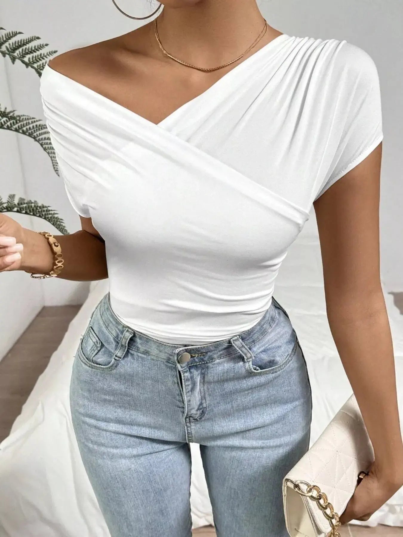Cross Wrap Slim Fit Top With Slightly Stretchy Polyester Trendsi