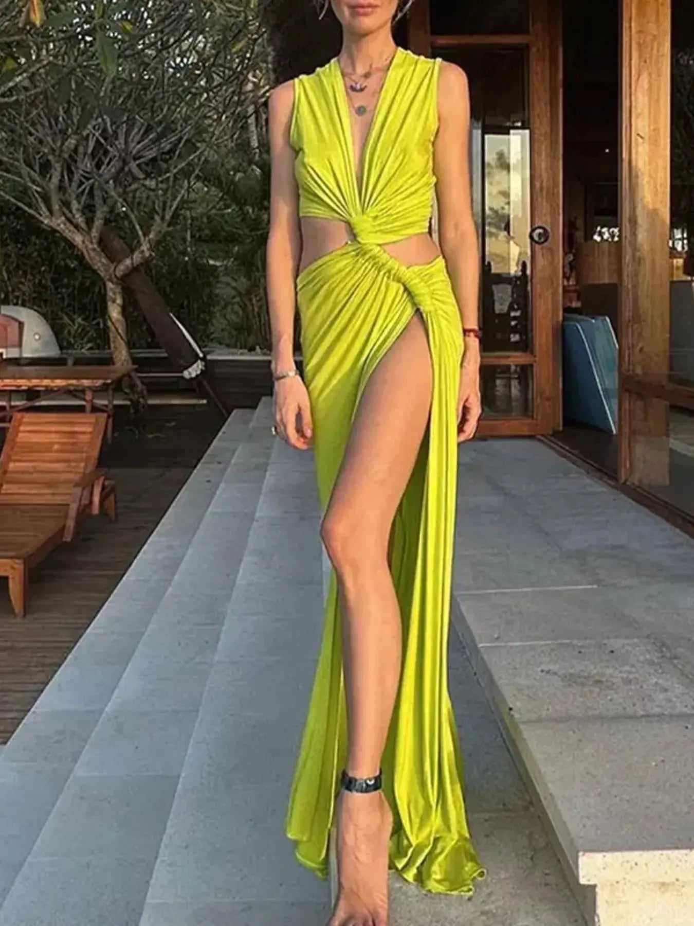Deep V Neck Maxi Gown with High Slit and Cutout Trendsi