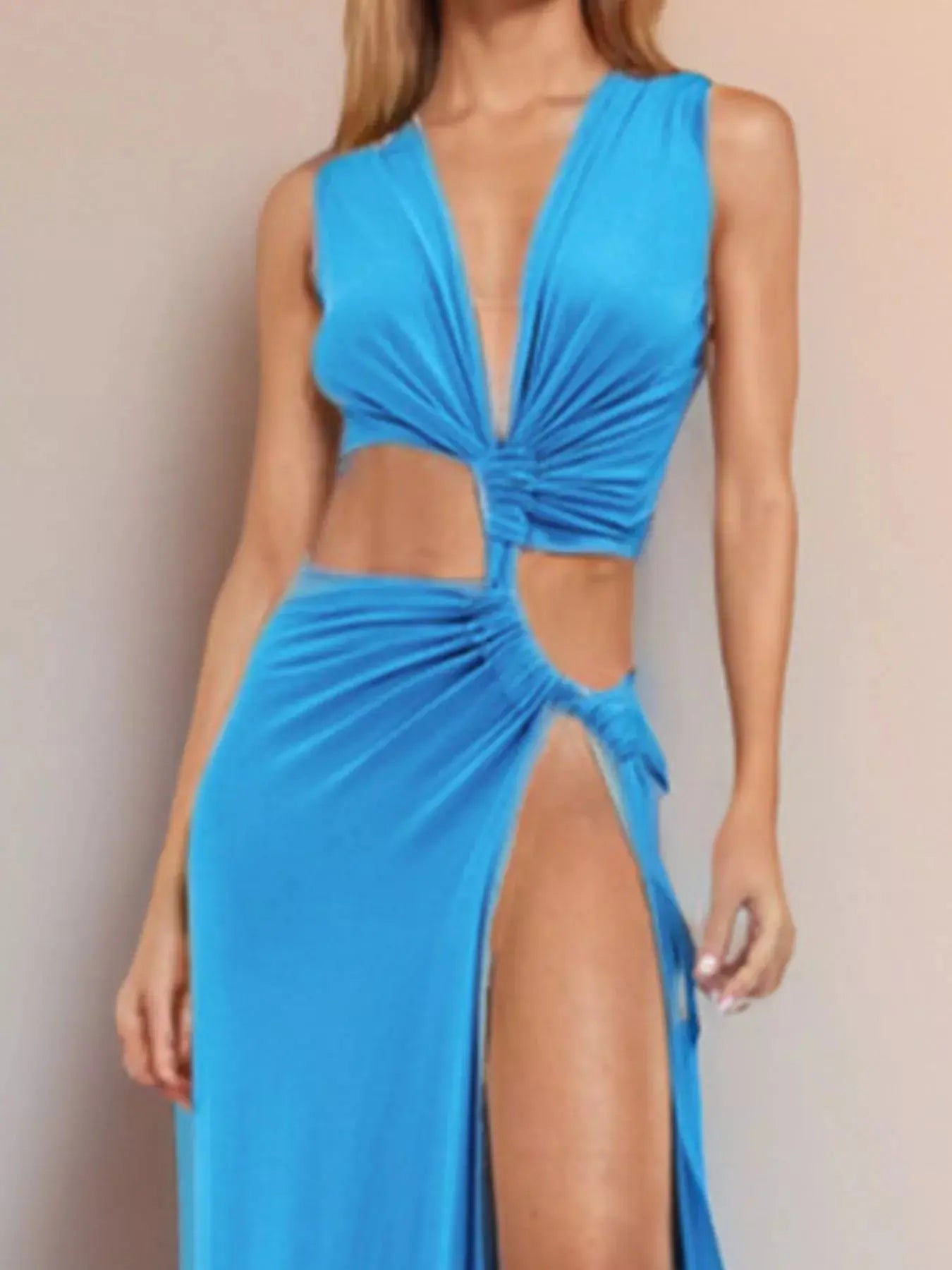 Deep V Neck Maxi Gown with High Slit and Cutout Trendsi
