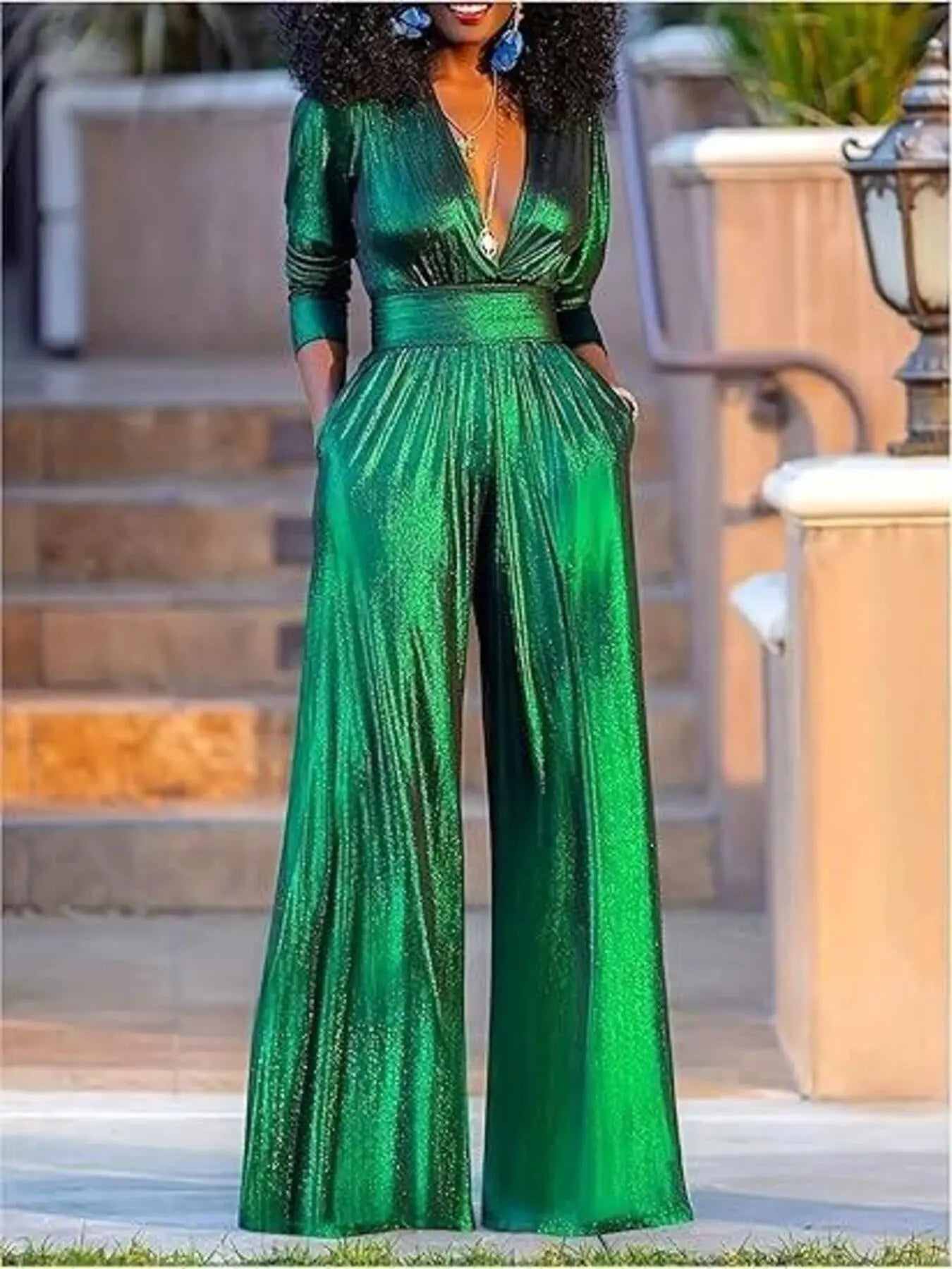 Deep V Neck Wide Leg Jumpsuit With Pockets 100 Percent Polyester Imported Trendsi