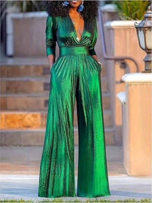 Deep V Neck Wide Leg Jumpsuit With Pockets 100 Percent Polyester Imported Trendsi