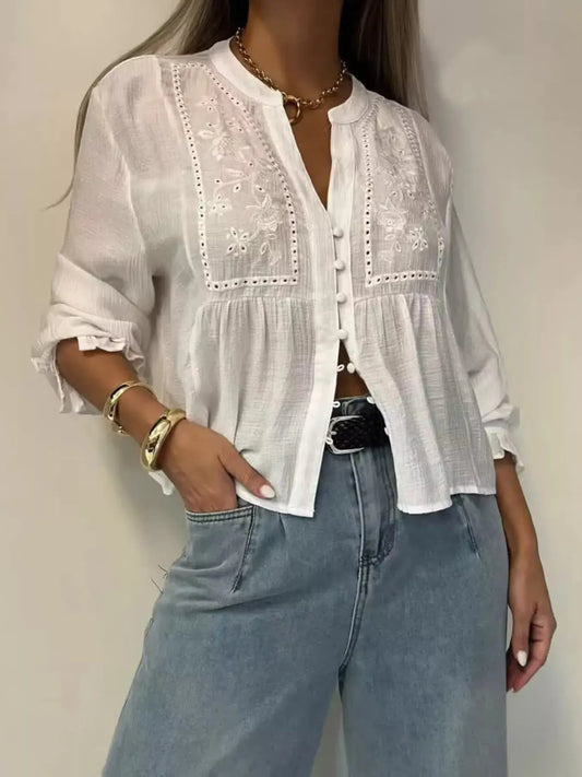 Embroidered Detail Button Down Shirt 100 Percent Polyester Machine Washable Trendsi