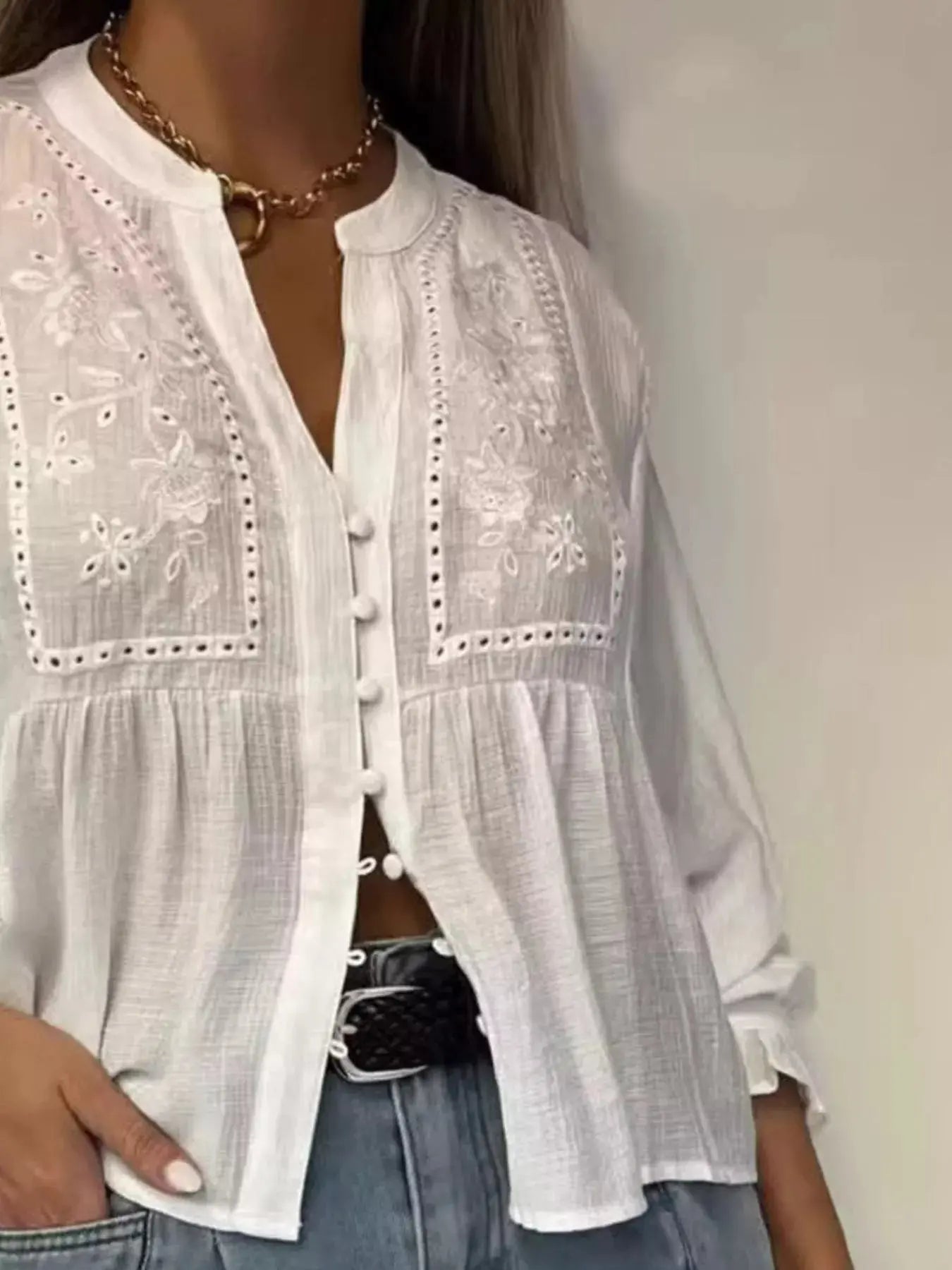 Embroidered Detail Button Down Shirt 100 Percent Polyester Machine Washable Trendsi