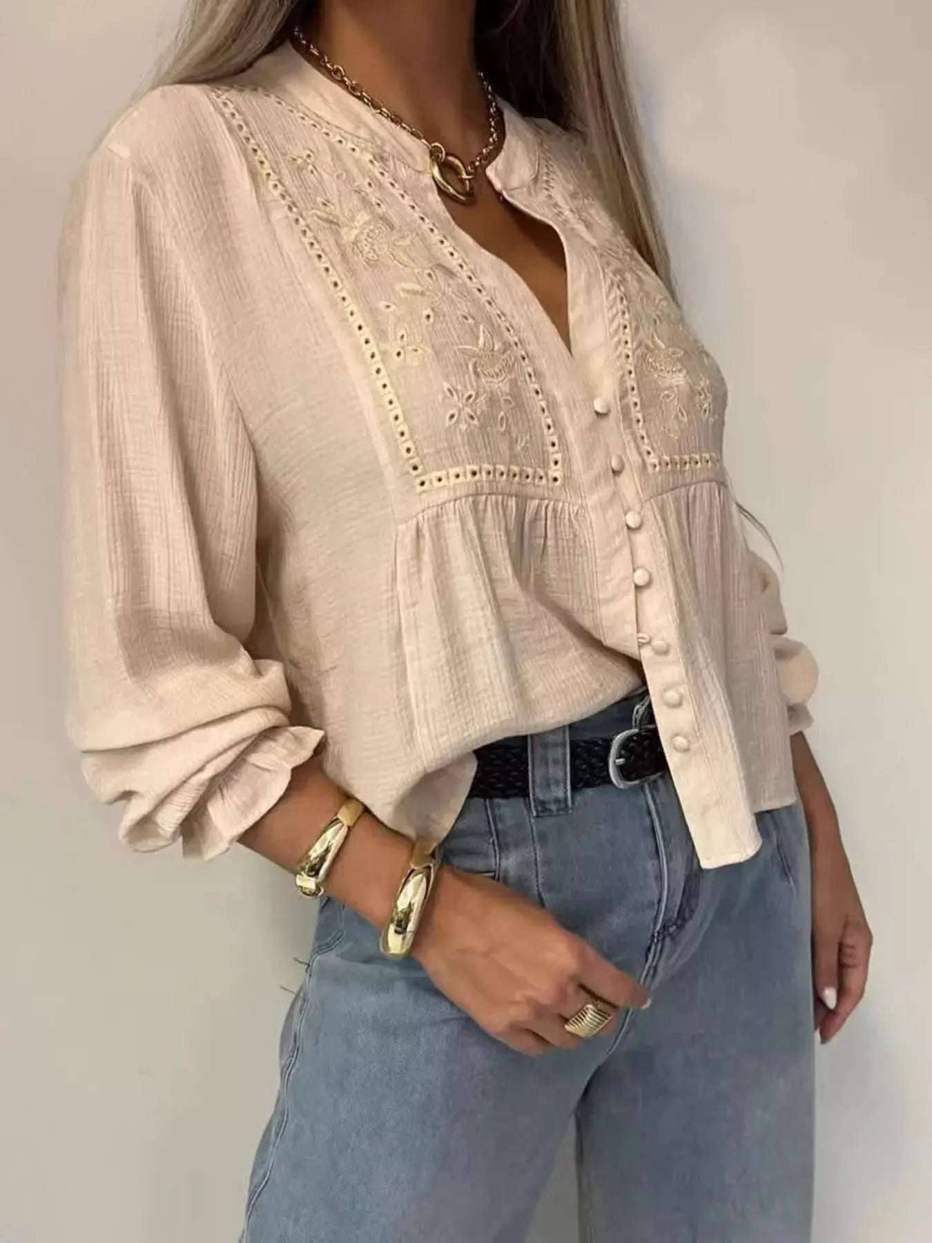 Embroidered Detail Button Down Shirt 100 Percent Polyester Machine Washable Trendsi