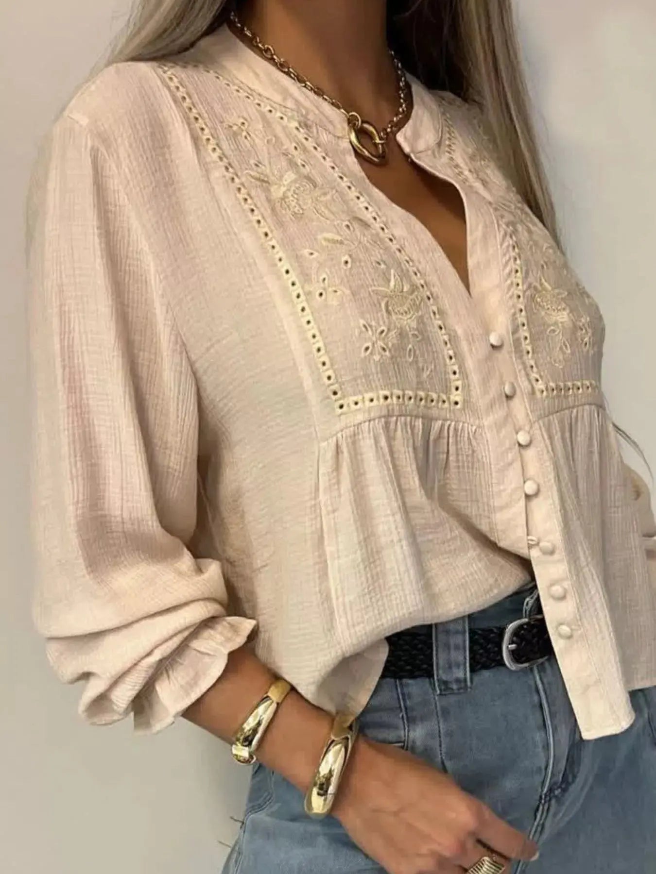Embroidered Detail Button Down Shirt 100 Percent Polyester Machine Washable Trendsi