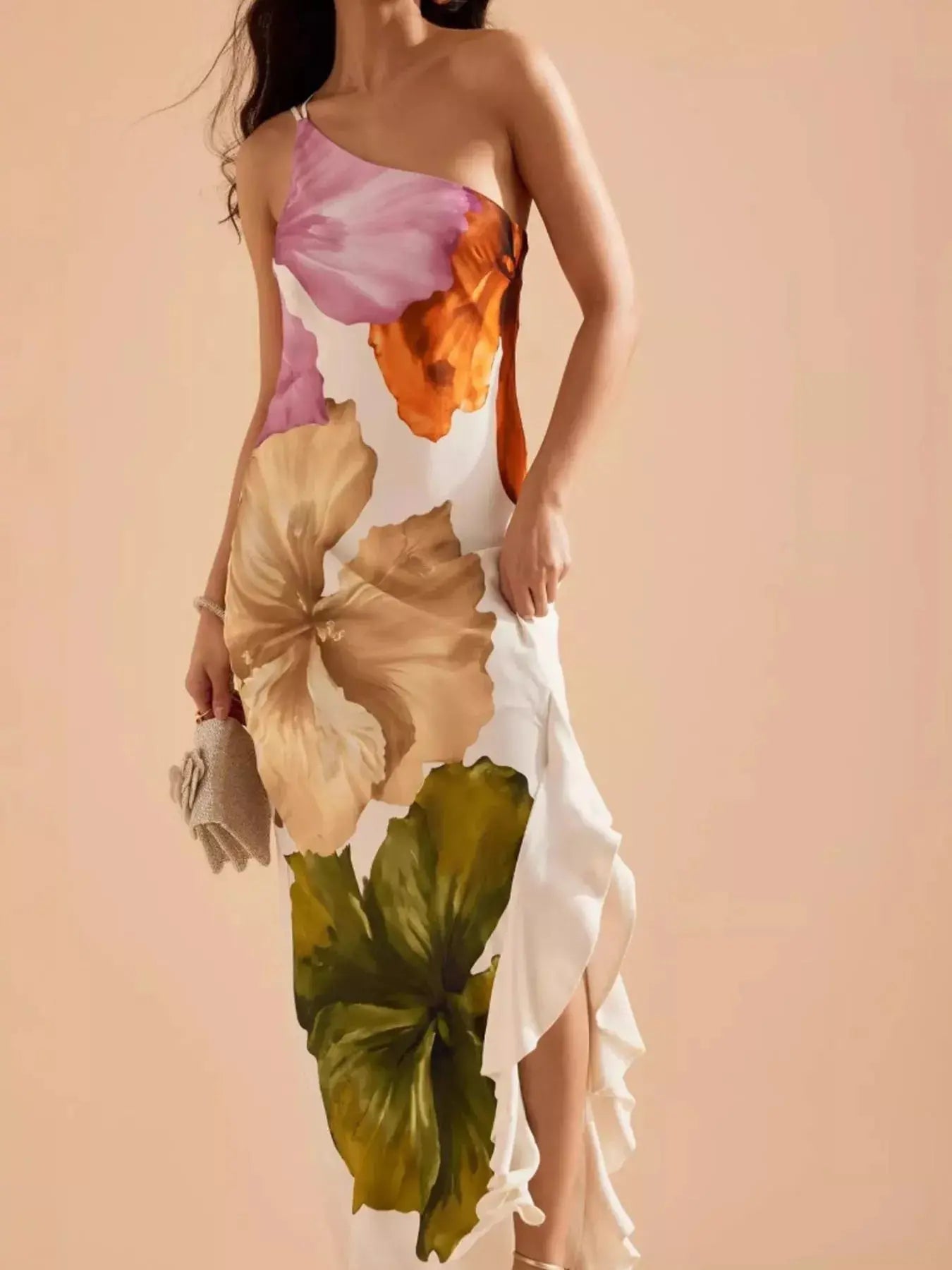 Floral One-Shoulder Maxi Dress with Ruffle Hem & Slit Trendsi