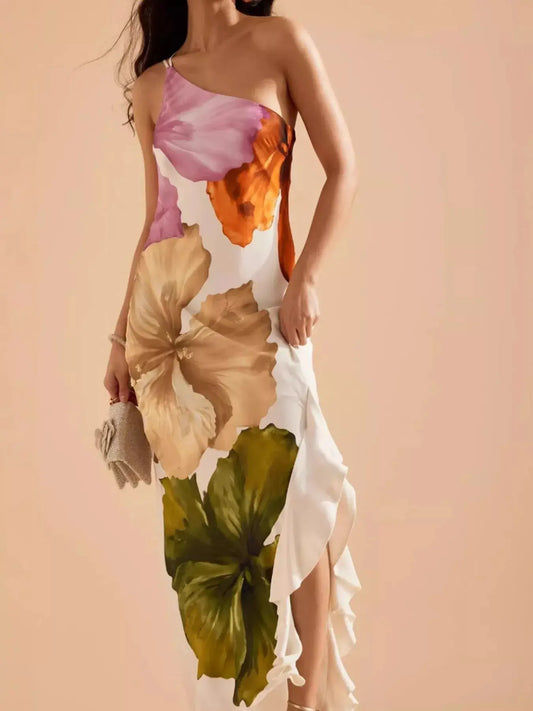 Floral One-Shoulder Maxi Dress with Ruffle Hem & Slit Trendsi