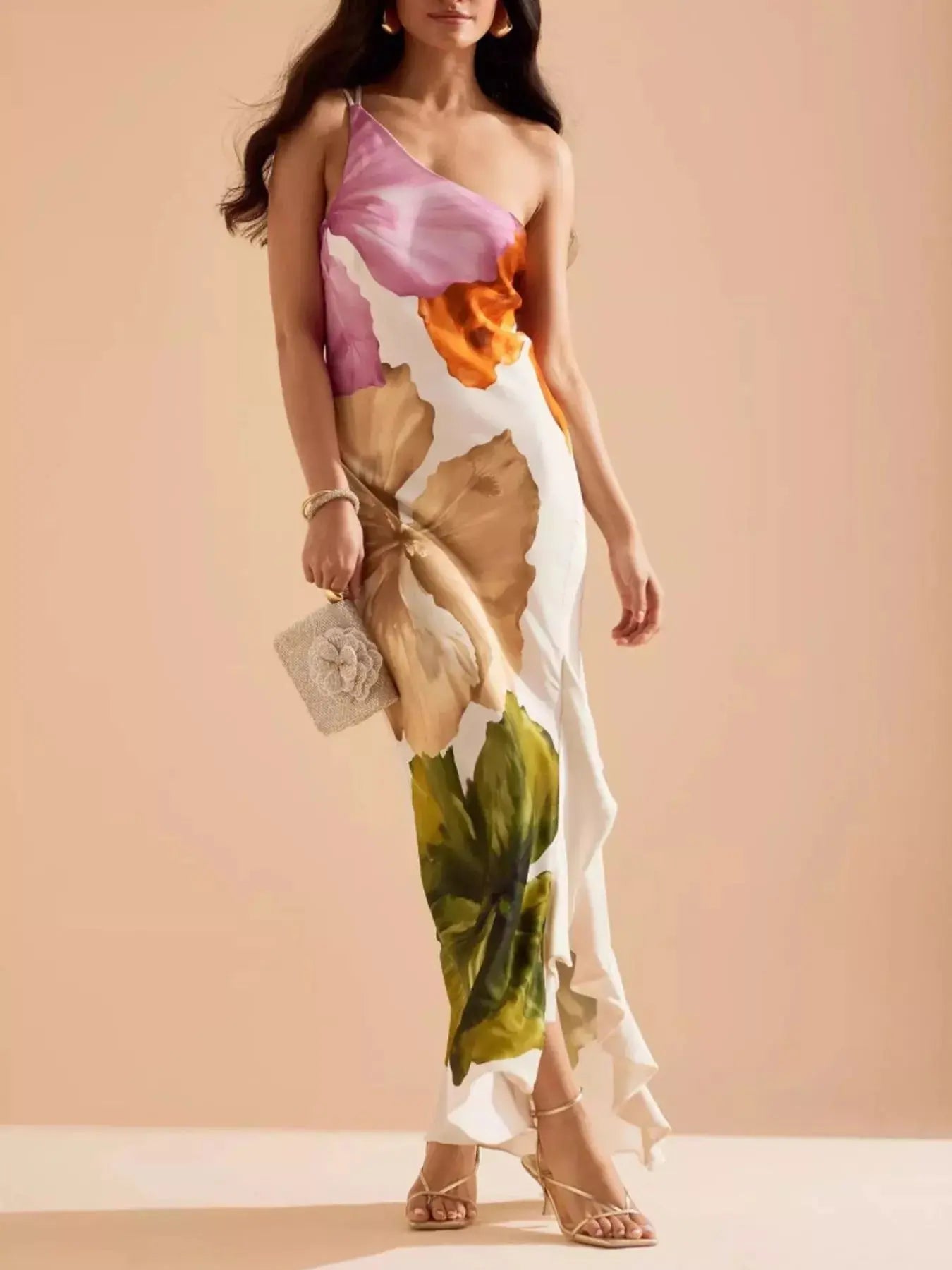 Floral One-Shoulder Maxi Dress with Ruffle Hem & Slit Trendsi