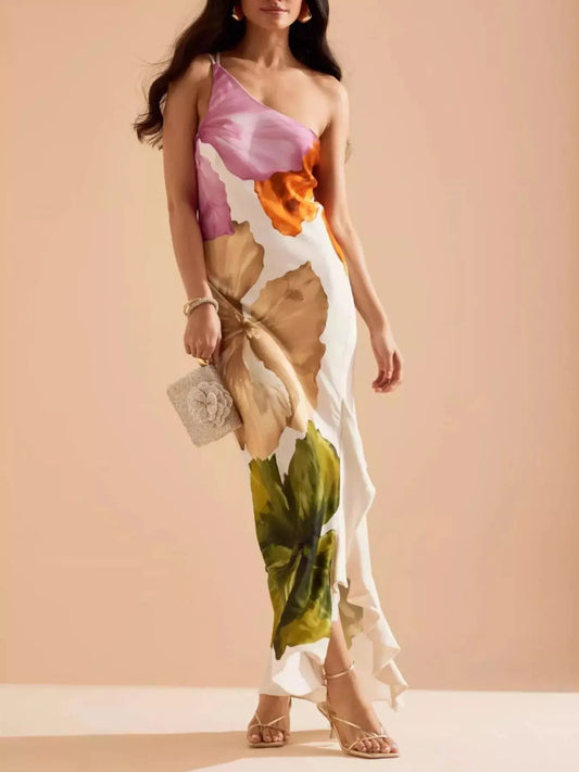 Floral One-Shoulder Maxi Dress with Ruffle Hem & Slit Trendsi