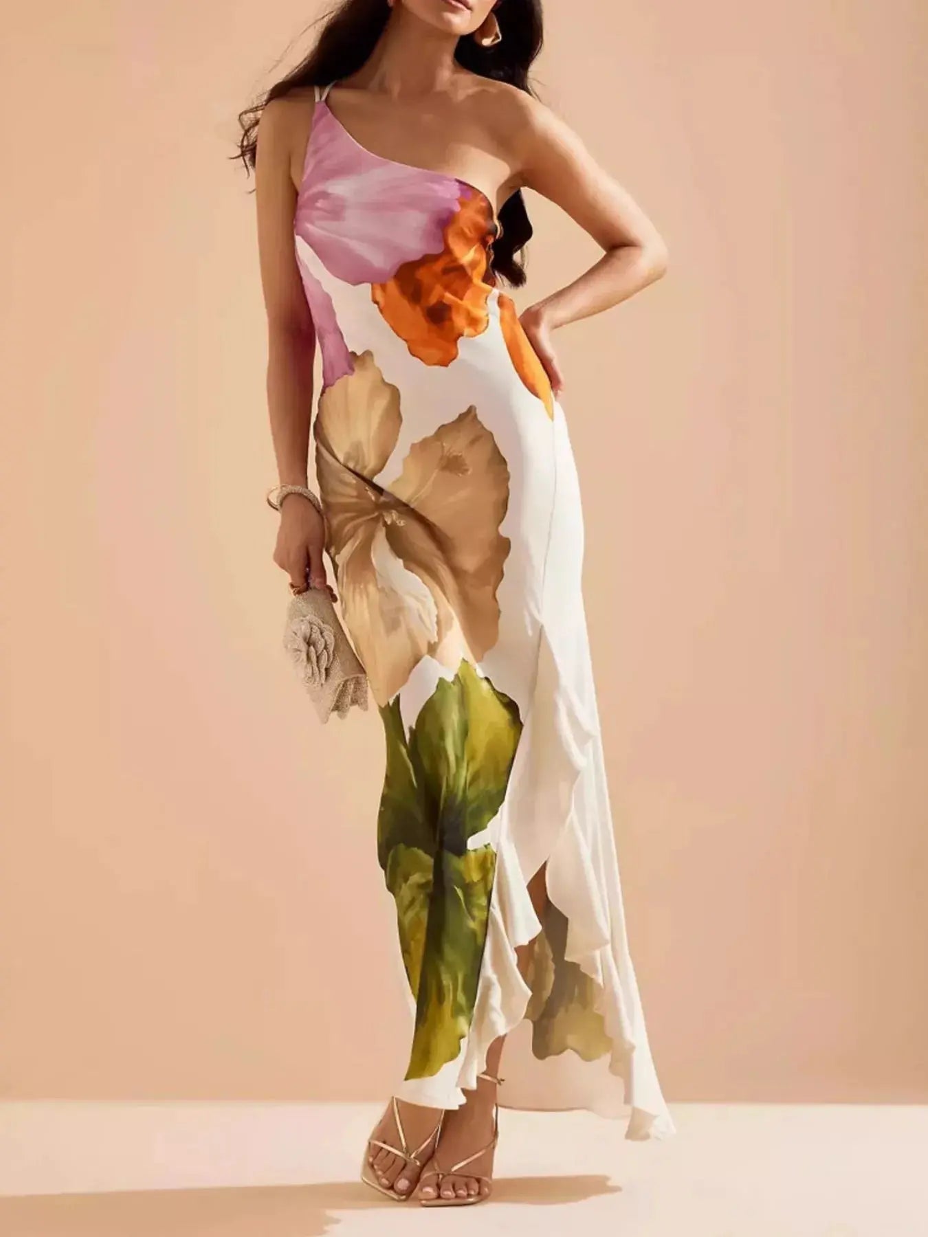 Floral One-Shoulder Maxi Dress with Ruffle Hem & Slit Trendsi