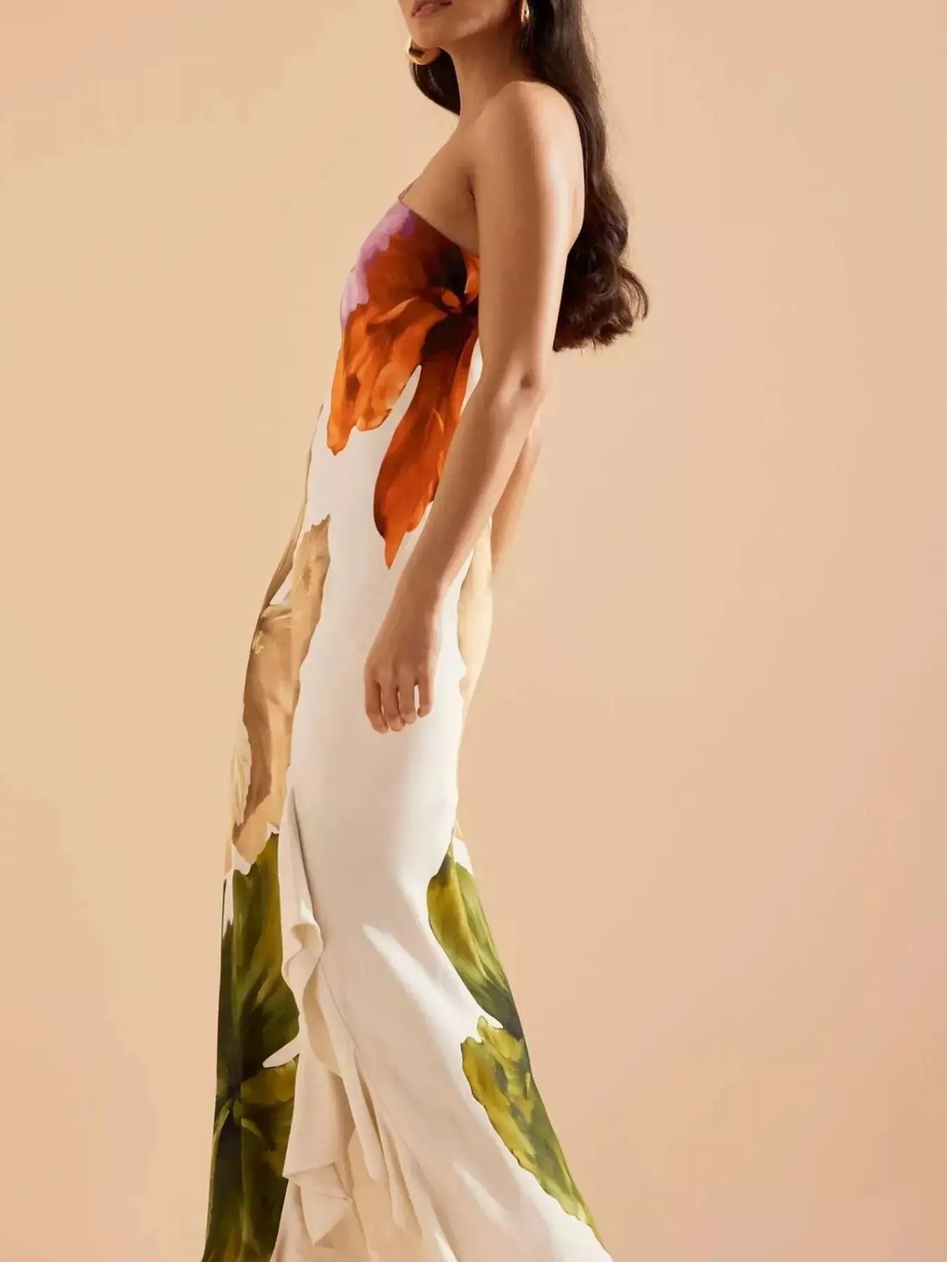 Floral One-Shoulder Maxi Dress with Ruffle Hem & Slit Trendsi