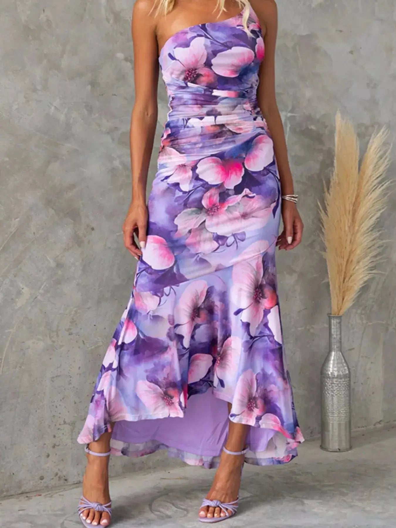Floral Print One Shoulder Ruched Maxi Dress Asymmetrical Polyester Trendsi