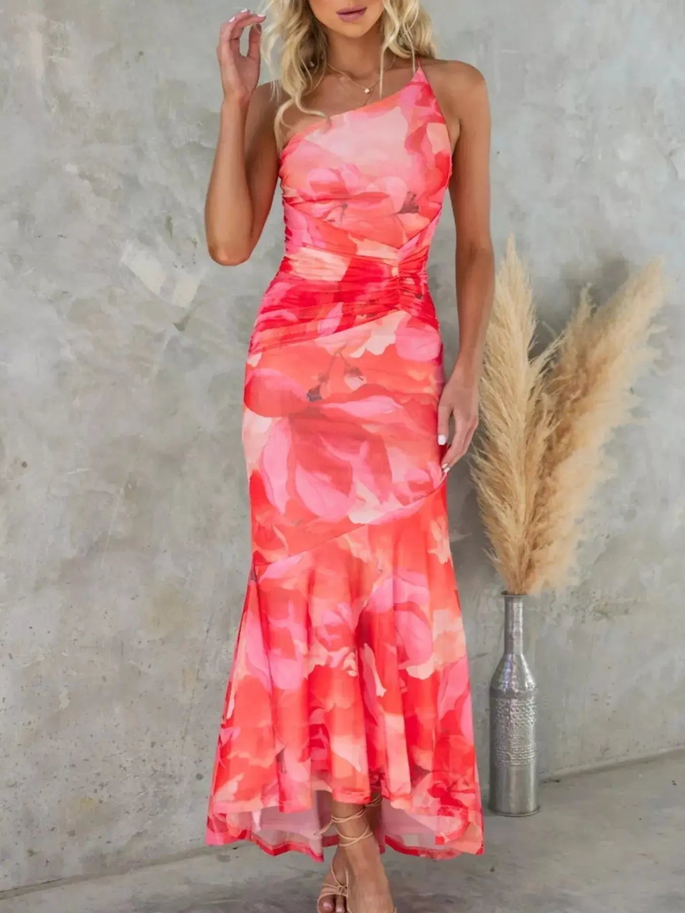 Floral Print One Shoulder Ruched Maxi Dress Asymmetrical Polyester Trendsi