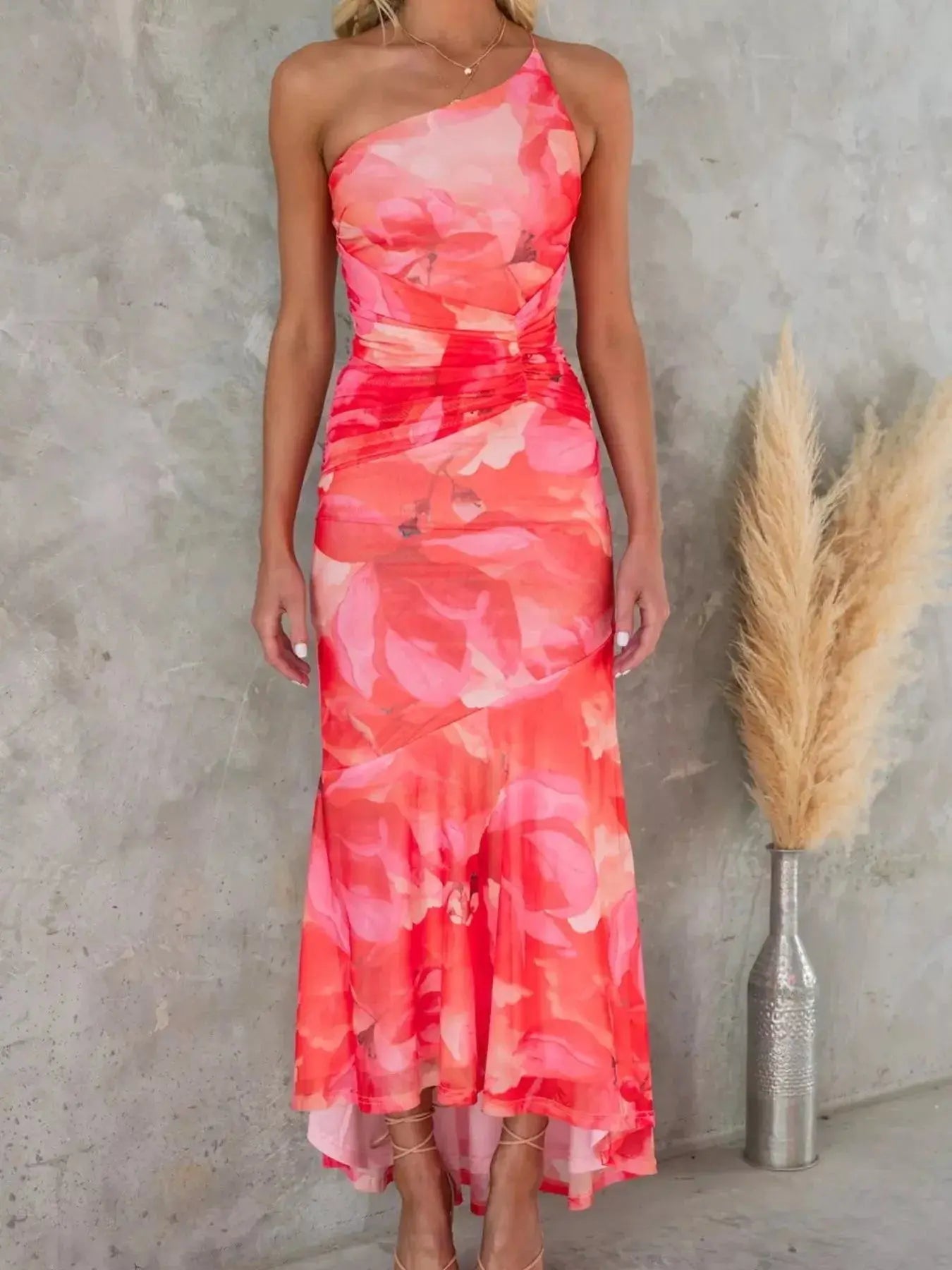 Floral Print One Shoulder Ruched Maxi Dress Asymmetrical Polyester Trendsi