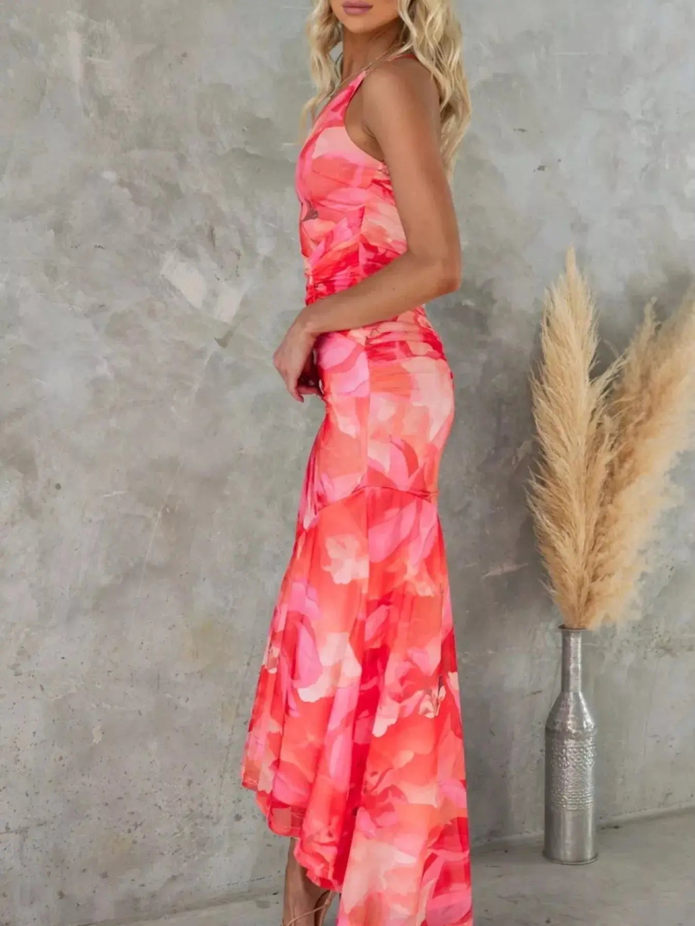 Floral Print One Shoulder Ruched Maxi Dress Asymmetrical Polyester Trendsi