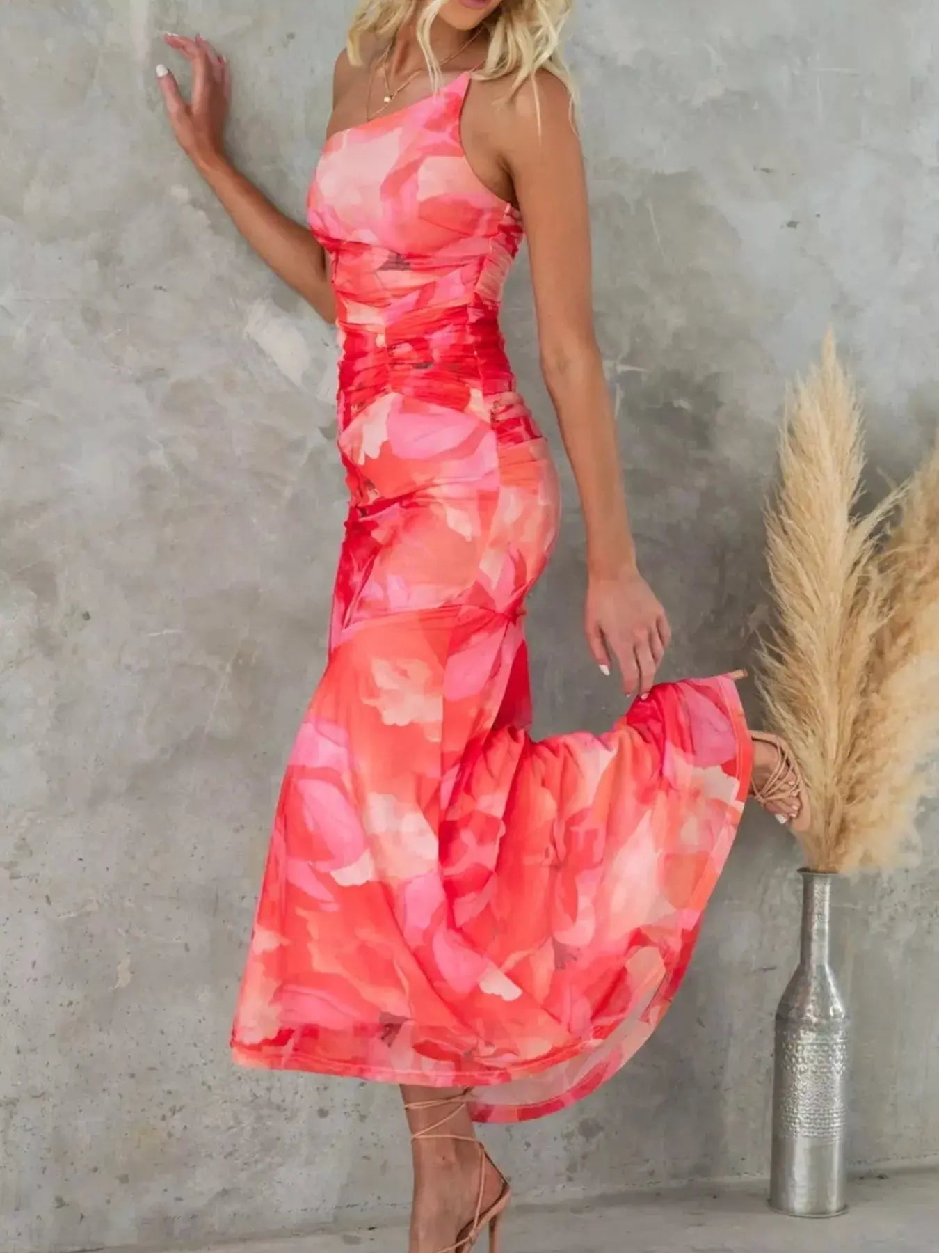 Floral Print One Shoulder Ruched Maxi Dress Asymmetrical Polyester Trendsi