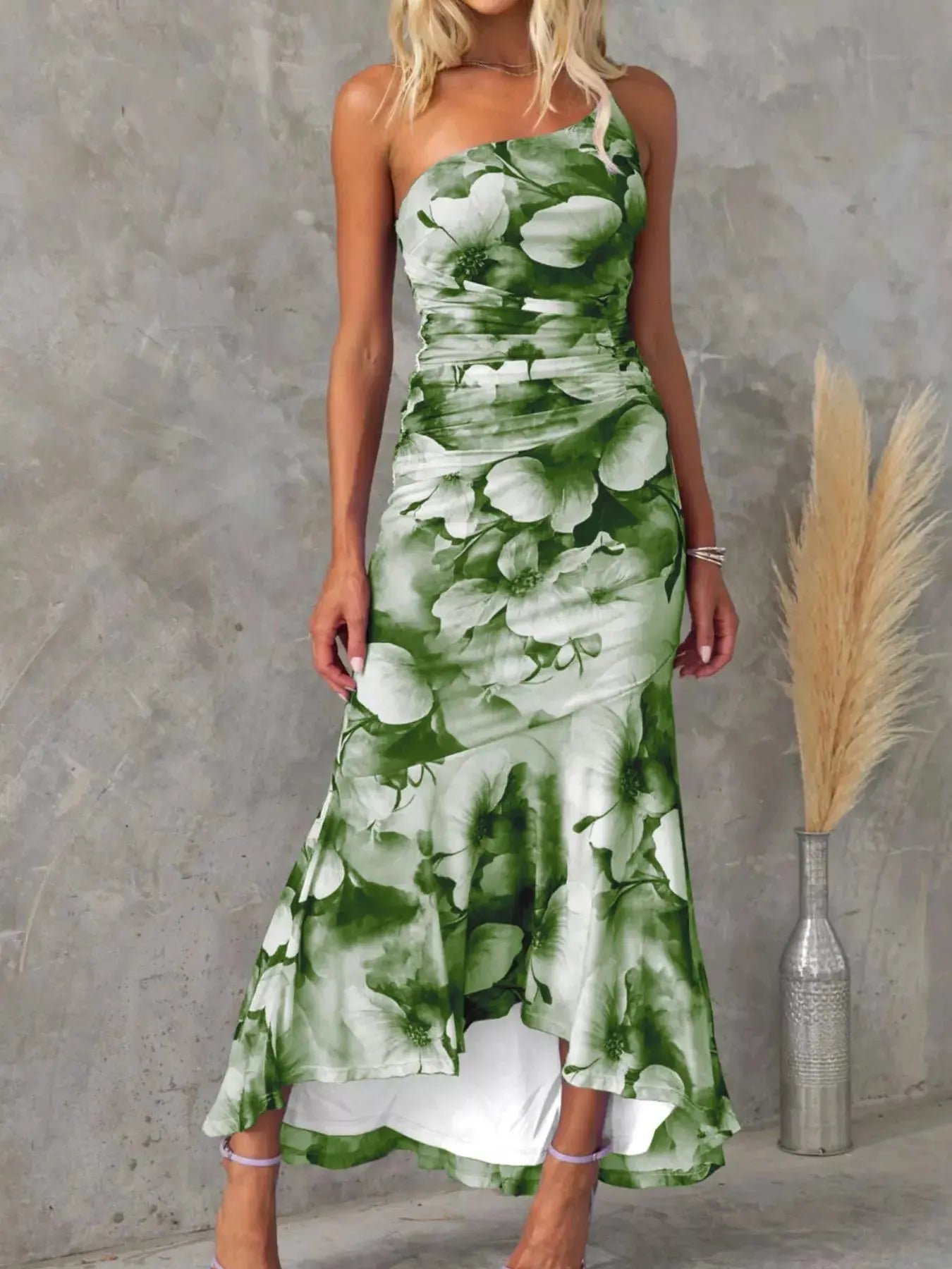 Floral Print One Shoulder Ruched Maxi Dress Asymmetrical Polyester Trendsi