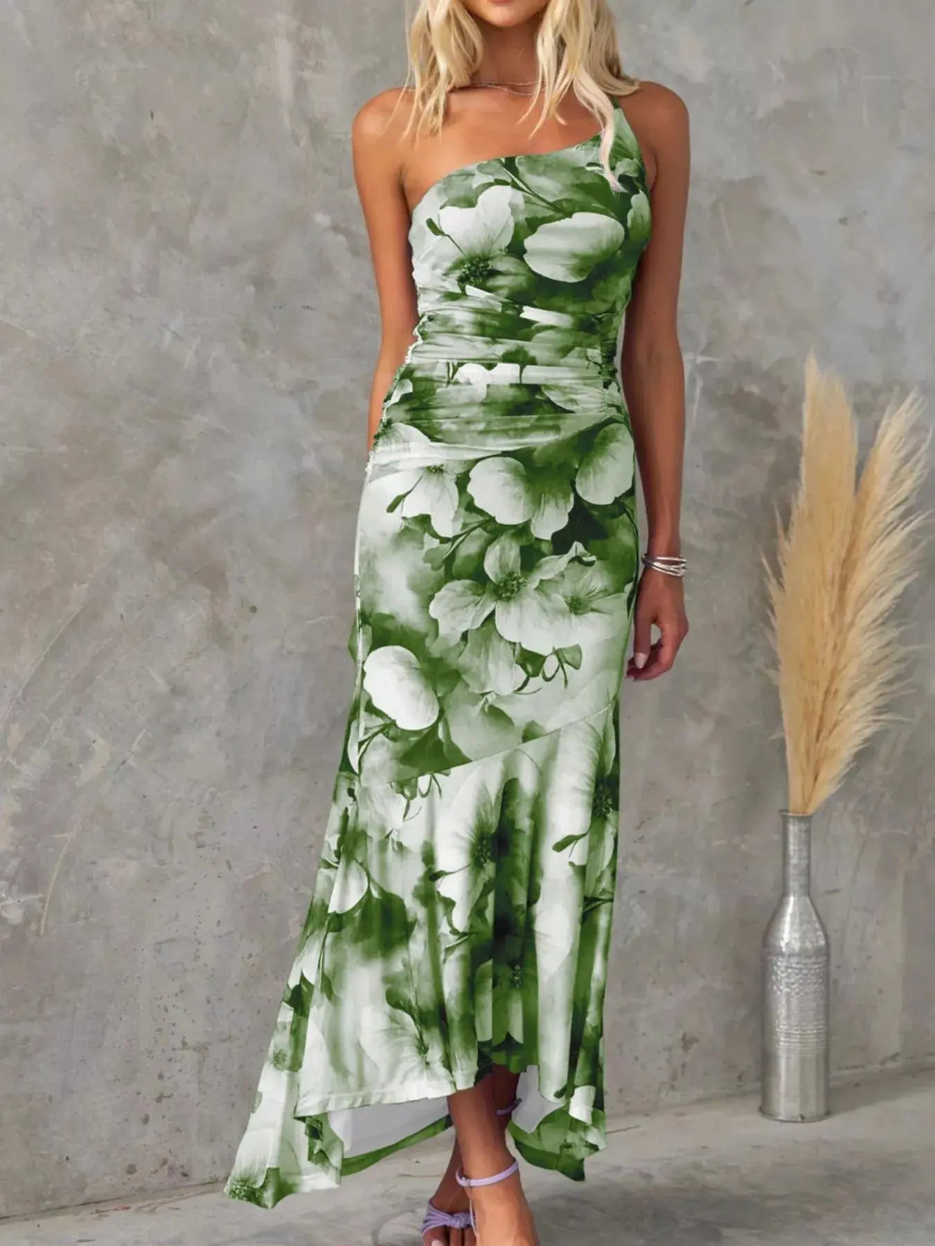 Floral Print One Shoulder Ruched Maxi Dress Asymmetrical Polyester Trendsi