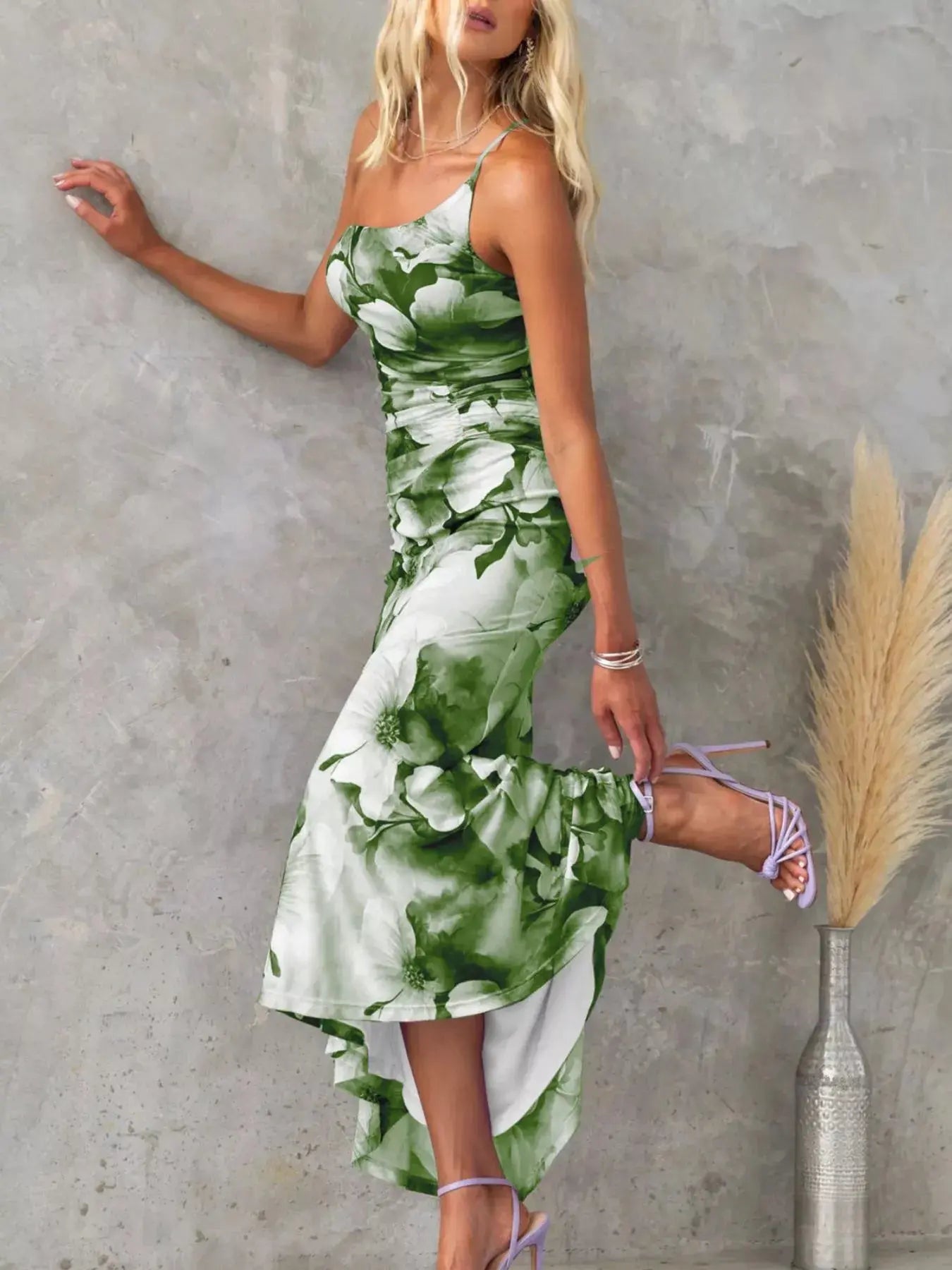 Floral Print One Shoulder Ruched Maxi Dress Asymmetrical Polyester Trendsi