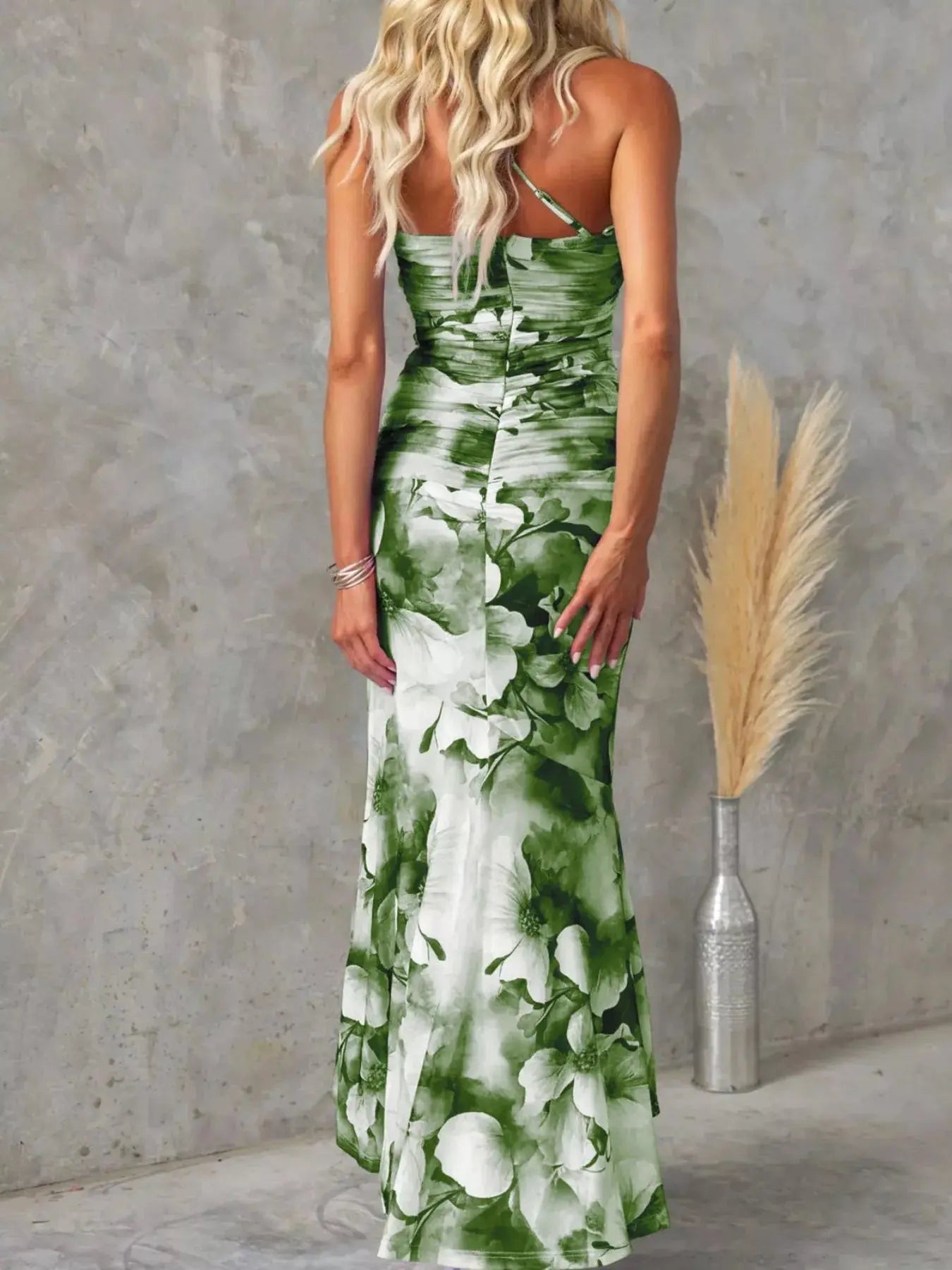 Floral Print One Shoulder Ruched Maxi Dress Asymmetrical Polyester Trendsi